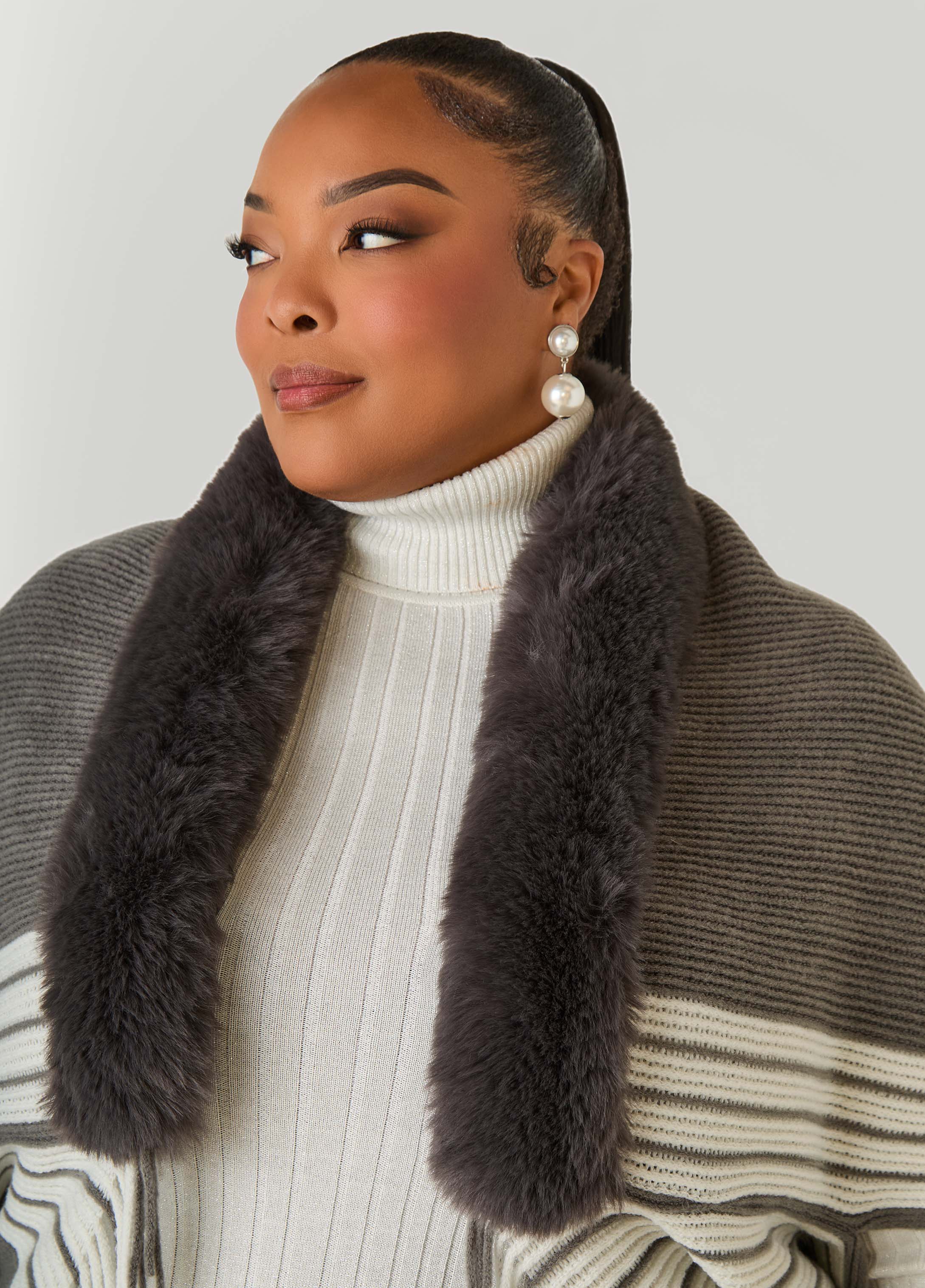 Striped Faux Fur Trimmed Poncho - Image 2