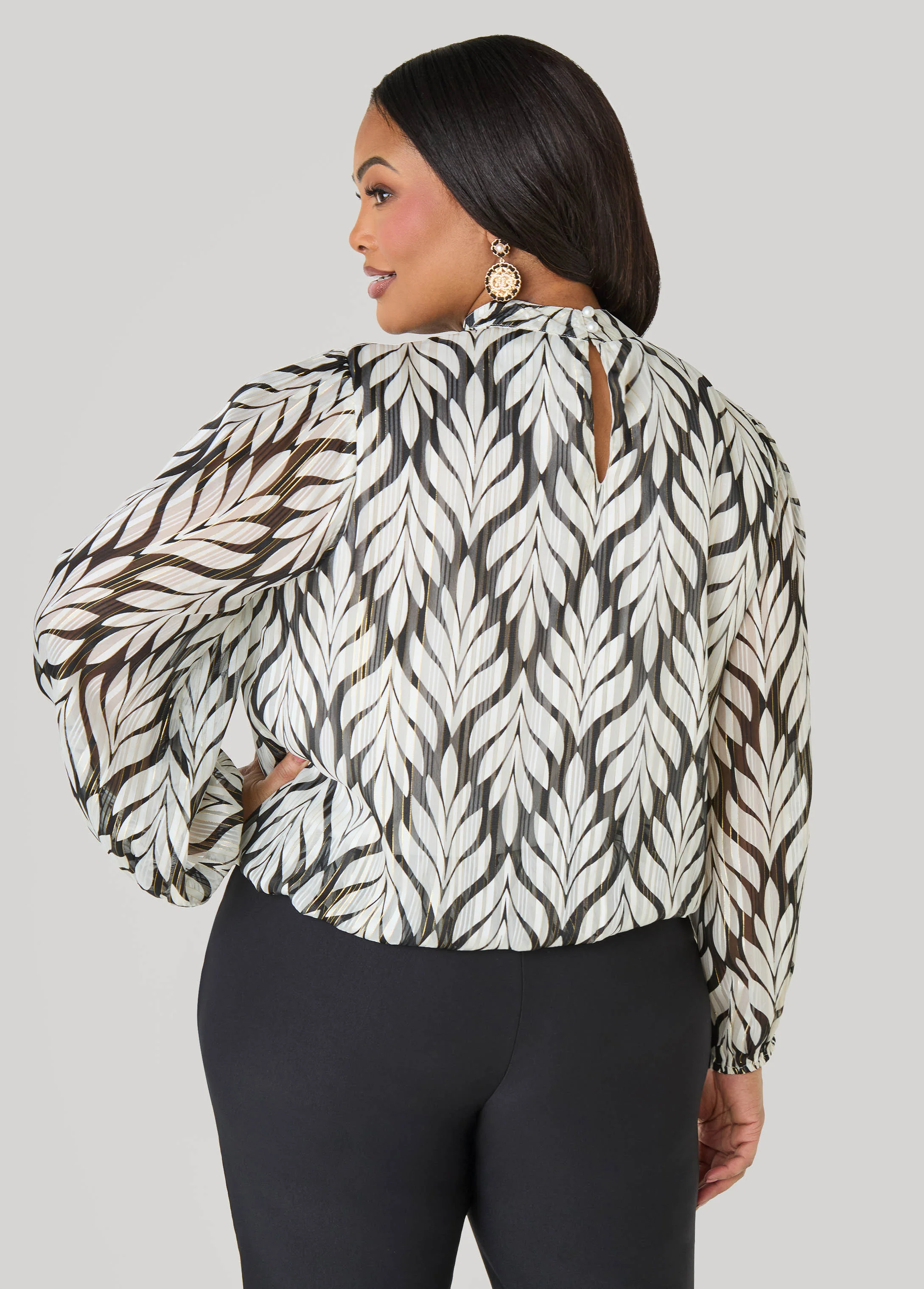 Mock Neck Leaf Print Blouse - Image 2