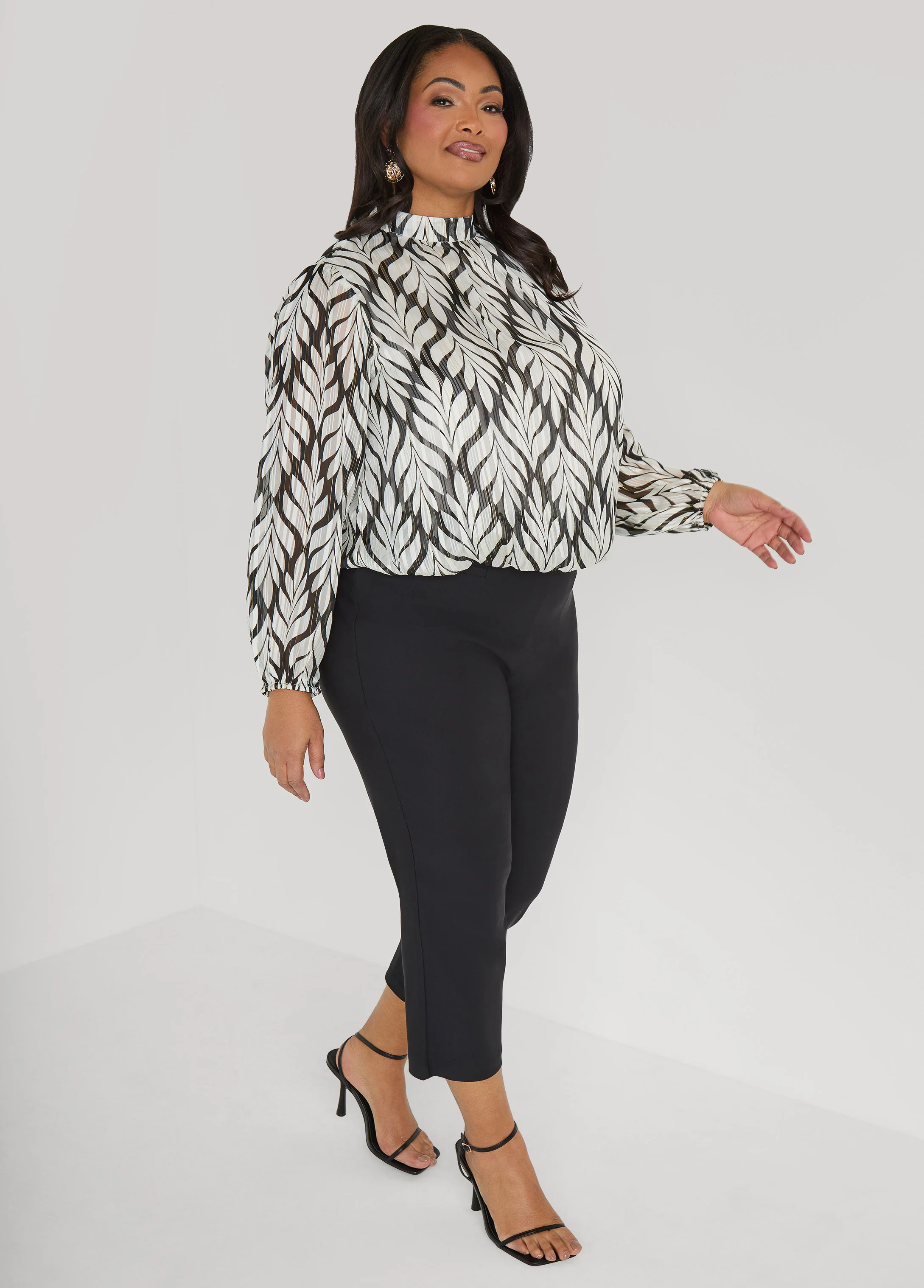 Mock Neck Leaf Print Blouse - Image 3