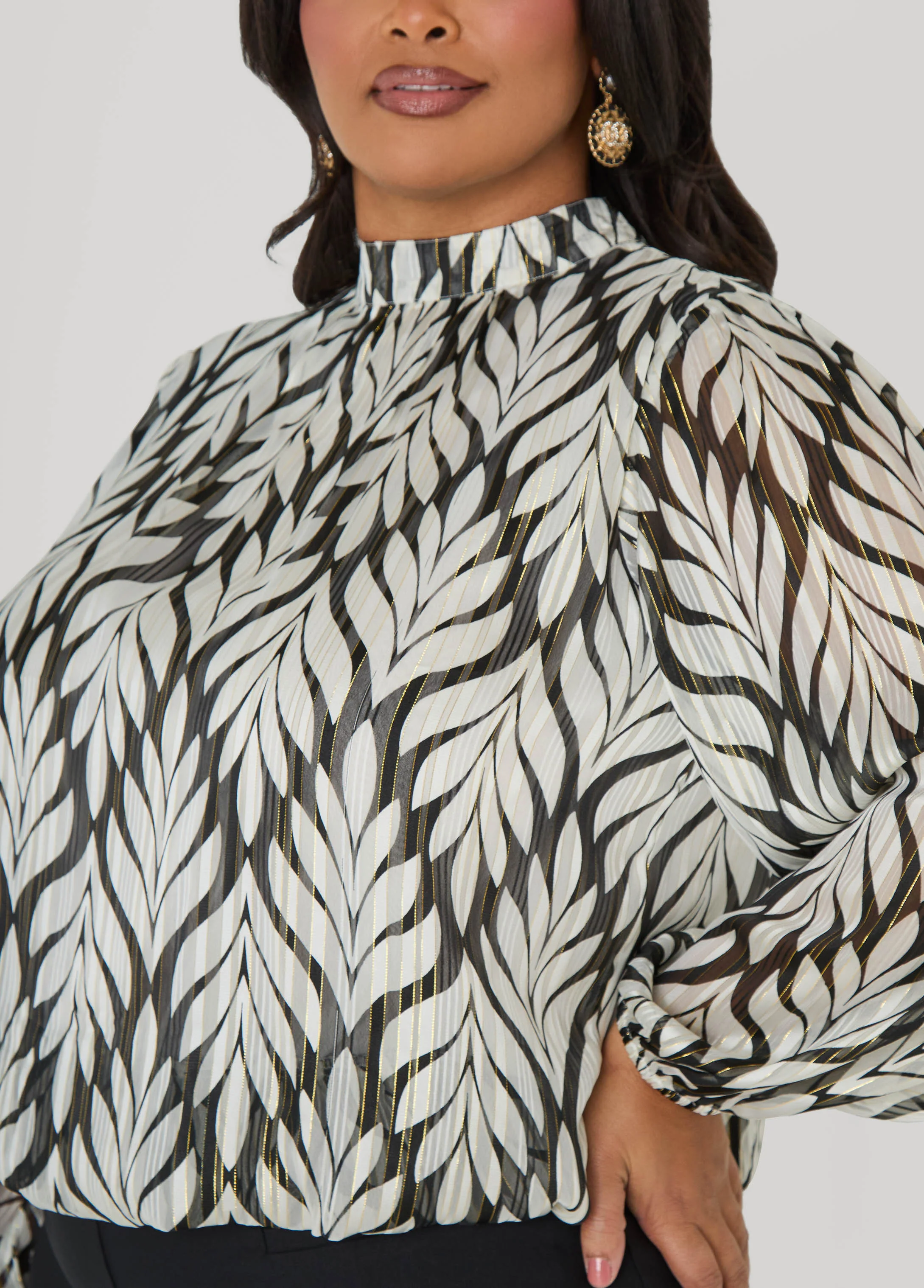 Mock Neck Leaf Print Blouse - Image 4