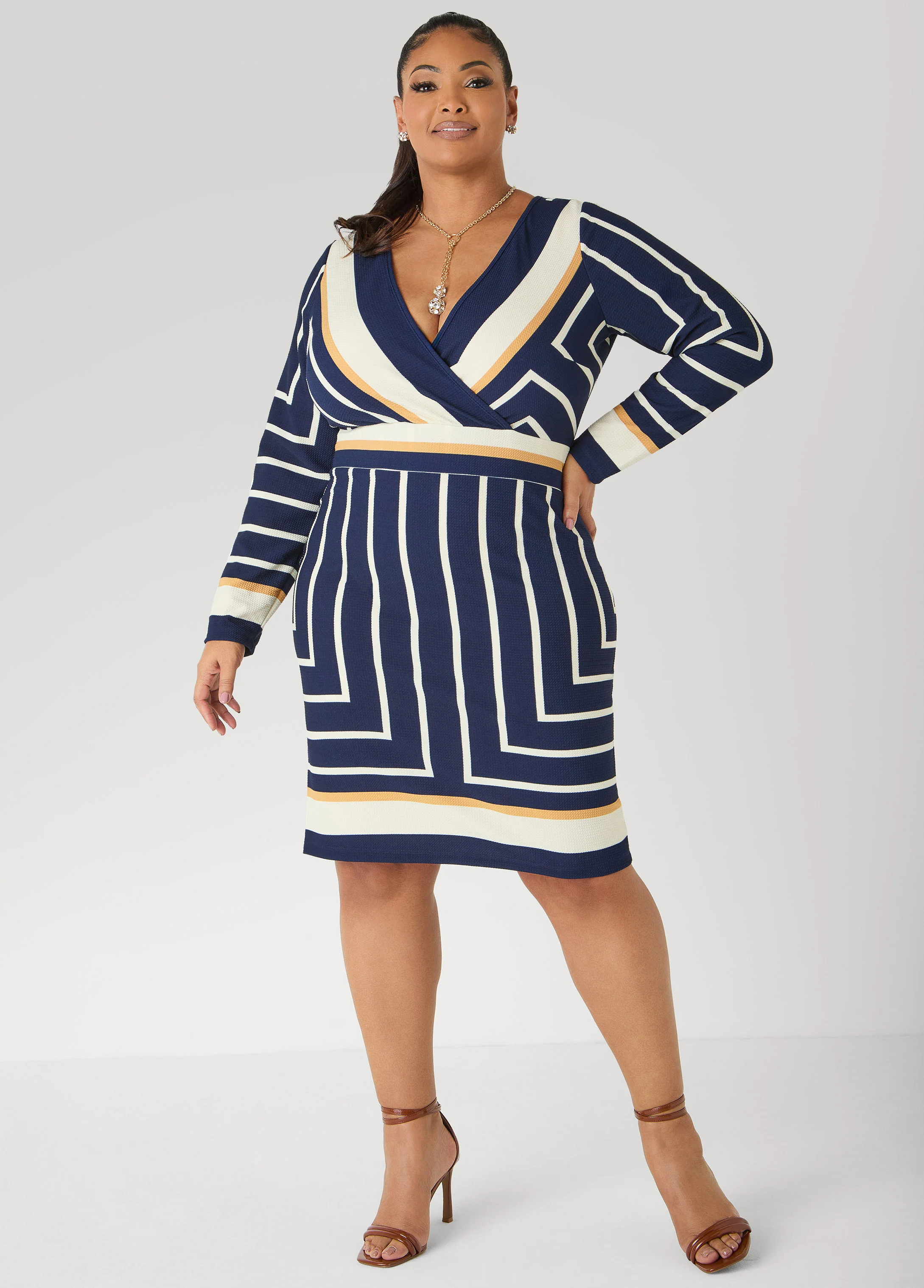 Textured Striped Faux Wrap Dress - Image 3