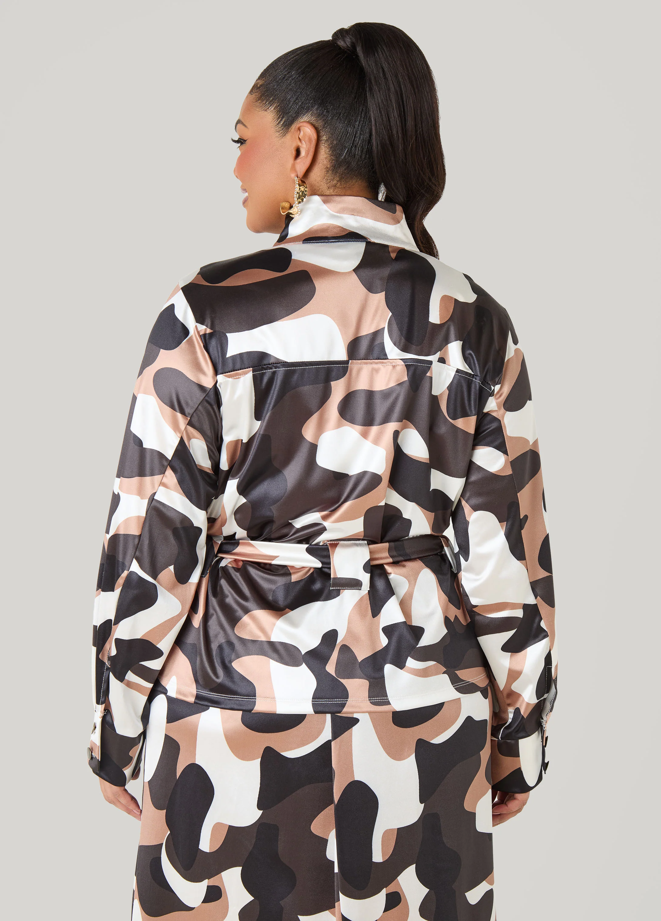 Belted Camo Print Satin Jacket - Image 2