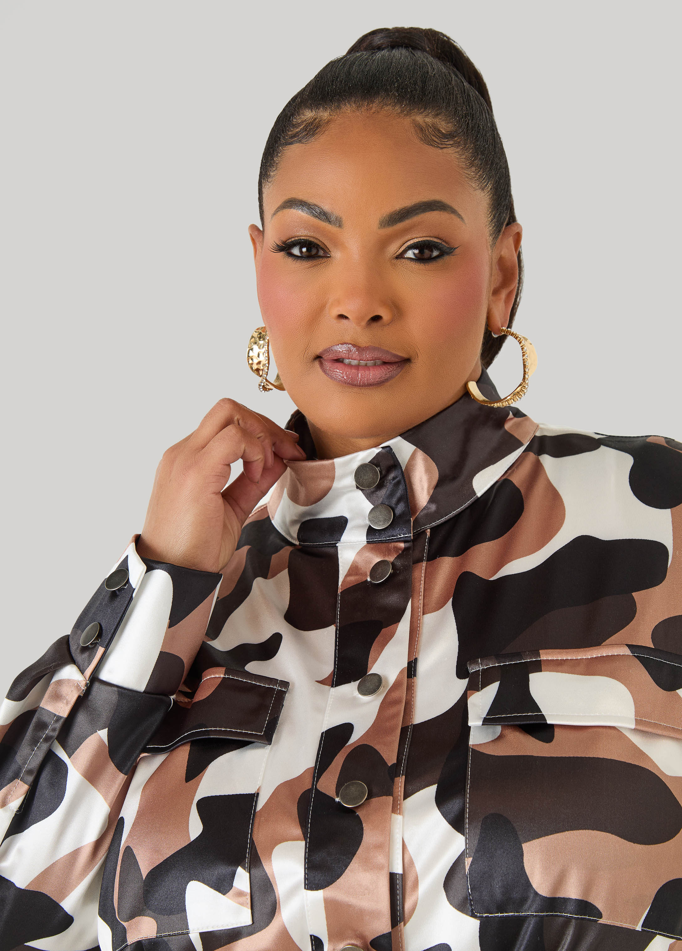 Belted Camo Print Satin Jacket - Image 4