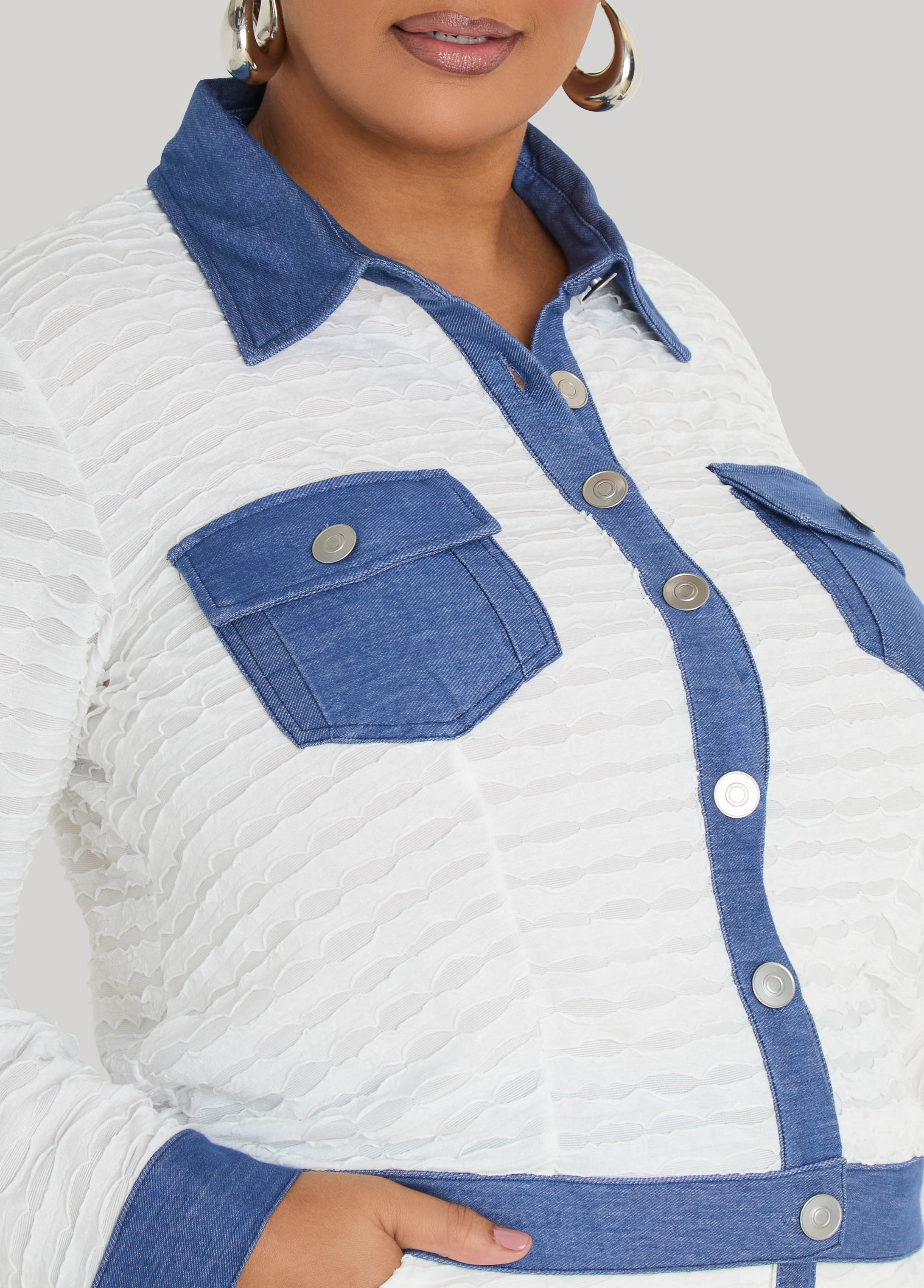 Denim Paneled Textured Jacket - Image 4