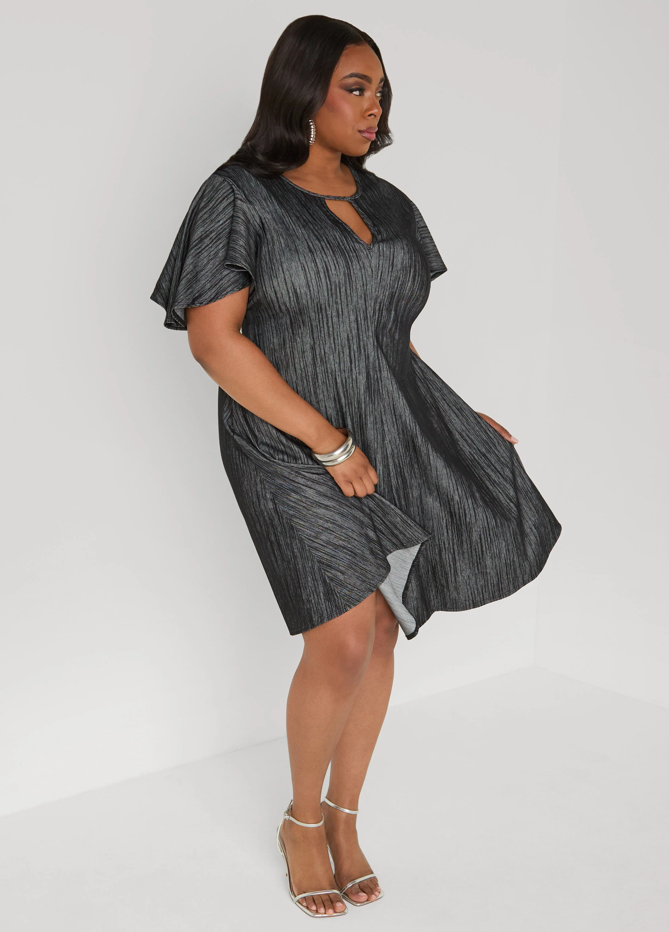 Cutout Textured Denim A Line Dress - Image 3