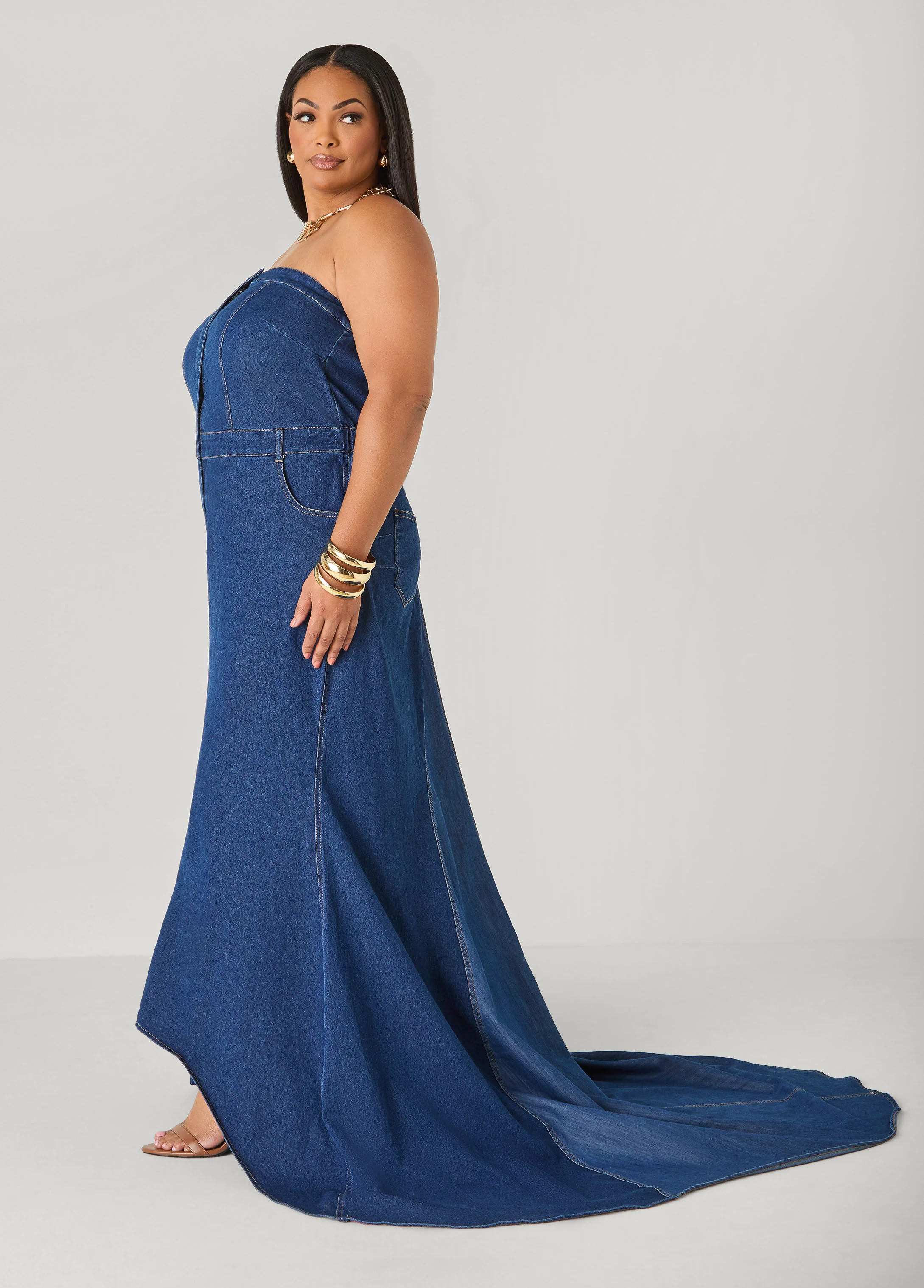 Tall Strapless Denim Paneled Maxi Dress - Image 3