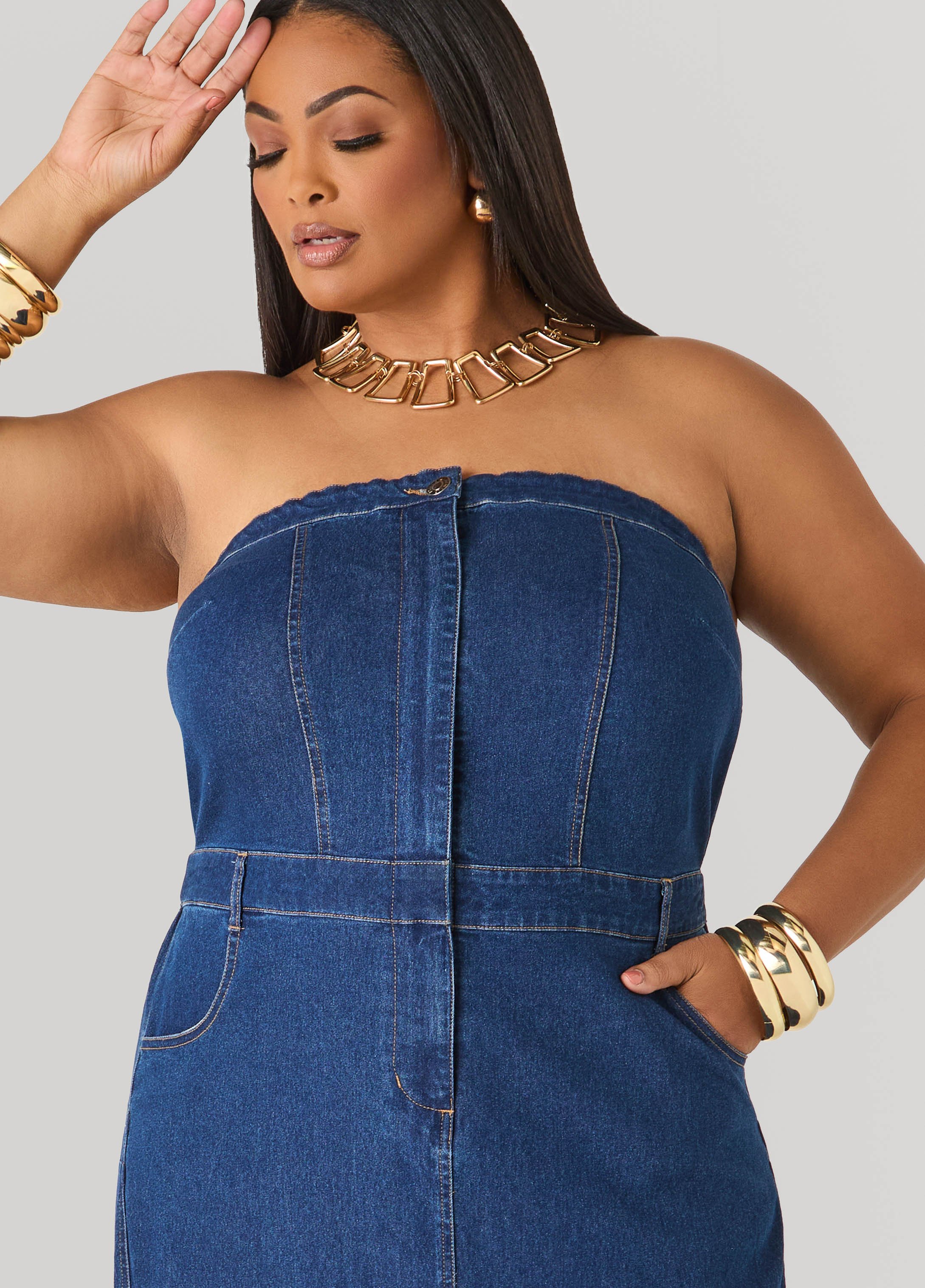 Tall Strapless Denim Paneled Maxi Dress - Image 4