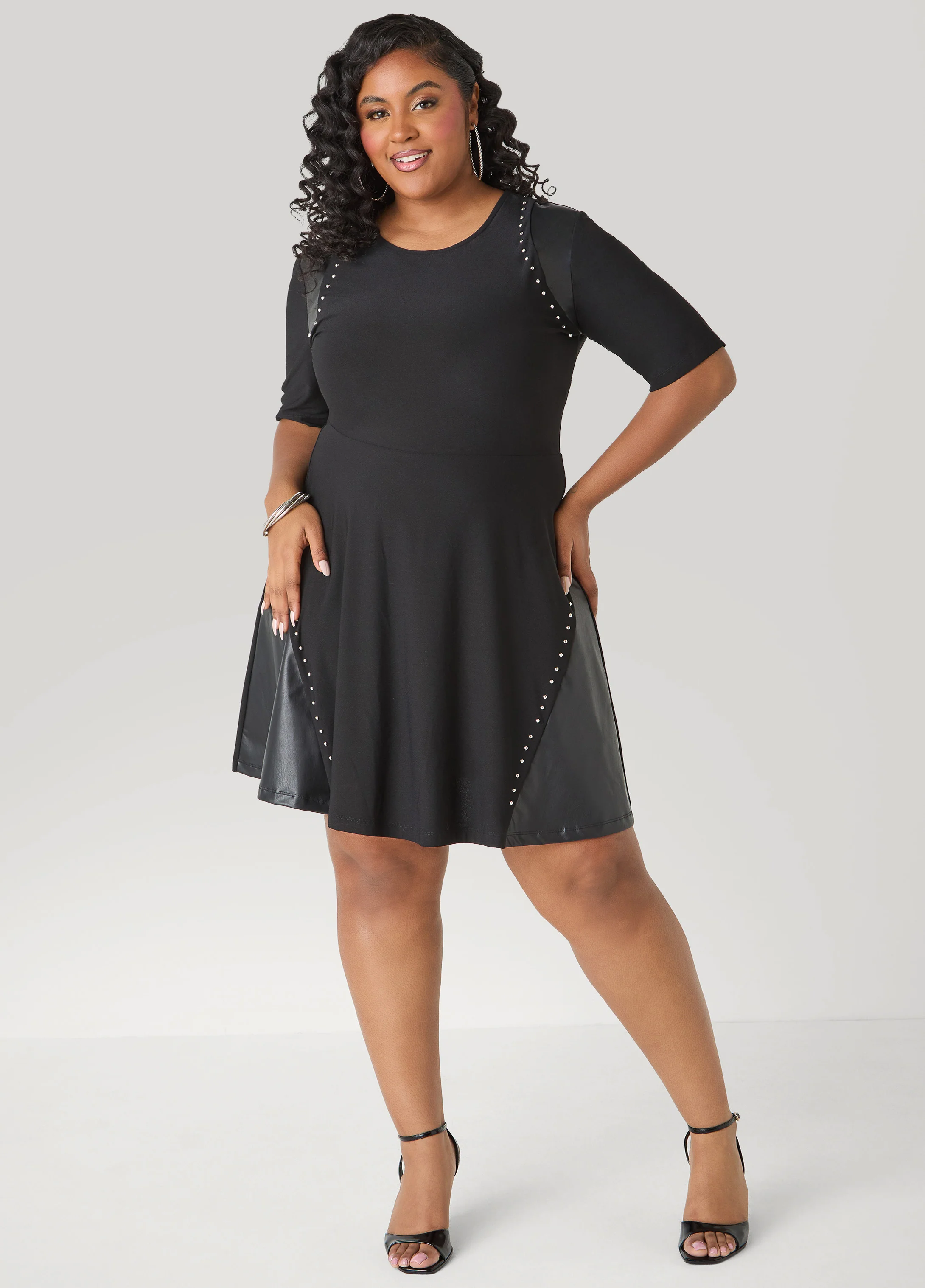 Studded Faux Leather Paneled Dress - Image 3