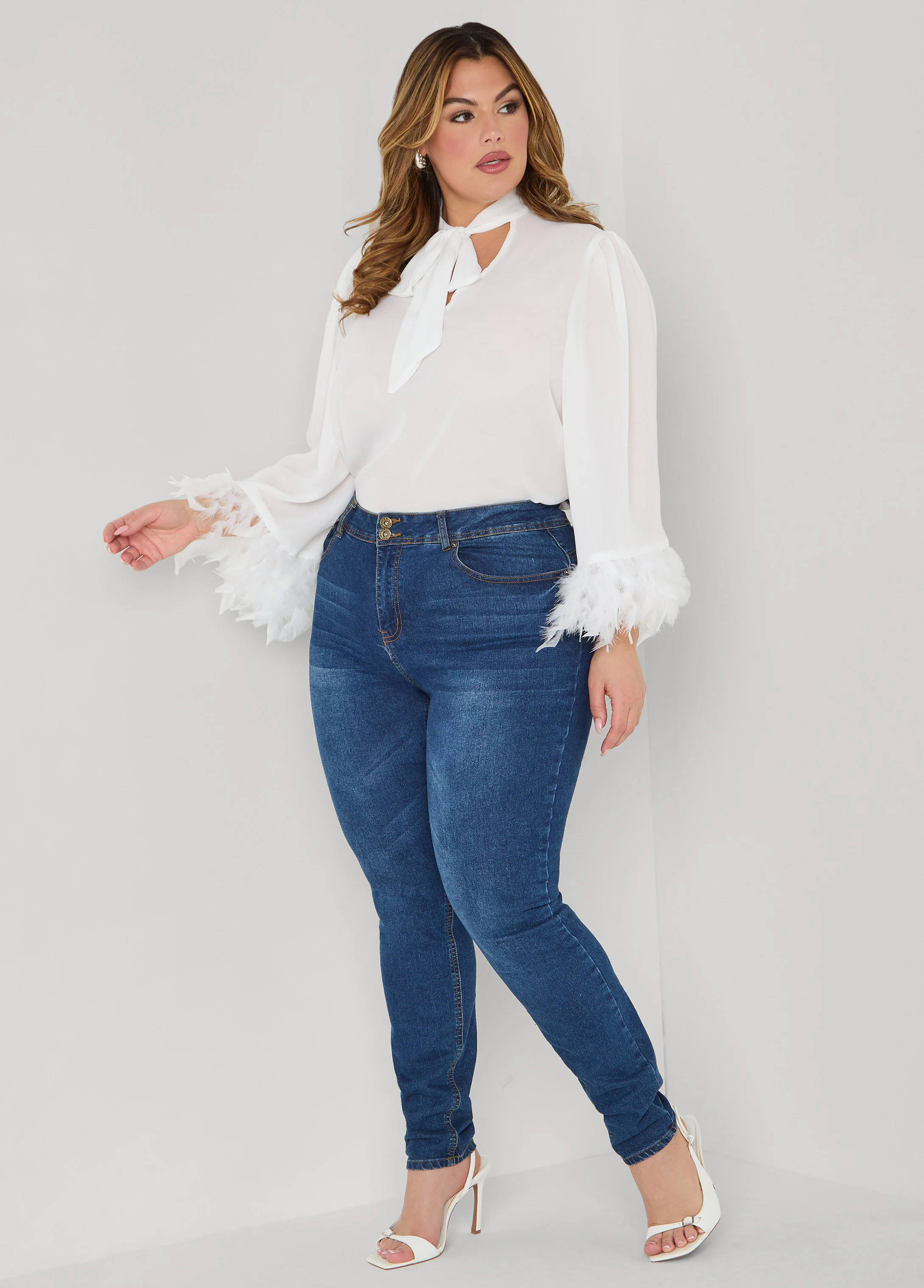 Feather Trimmed Tie Neck Blouse - Image 5