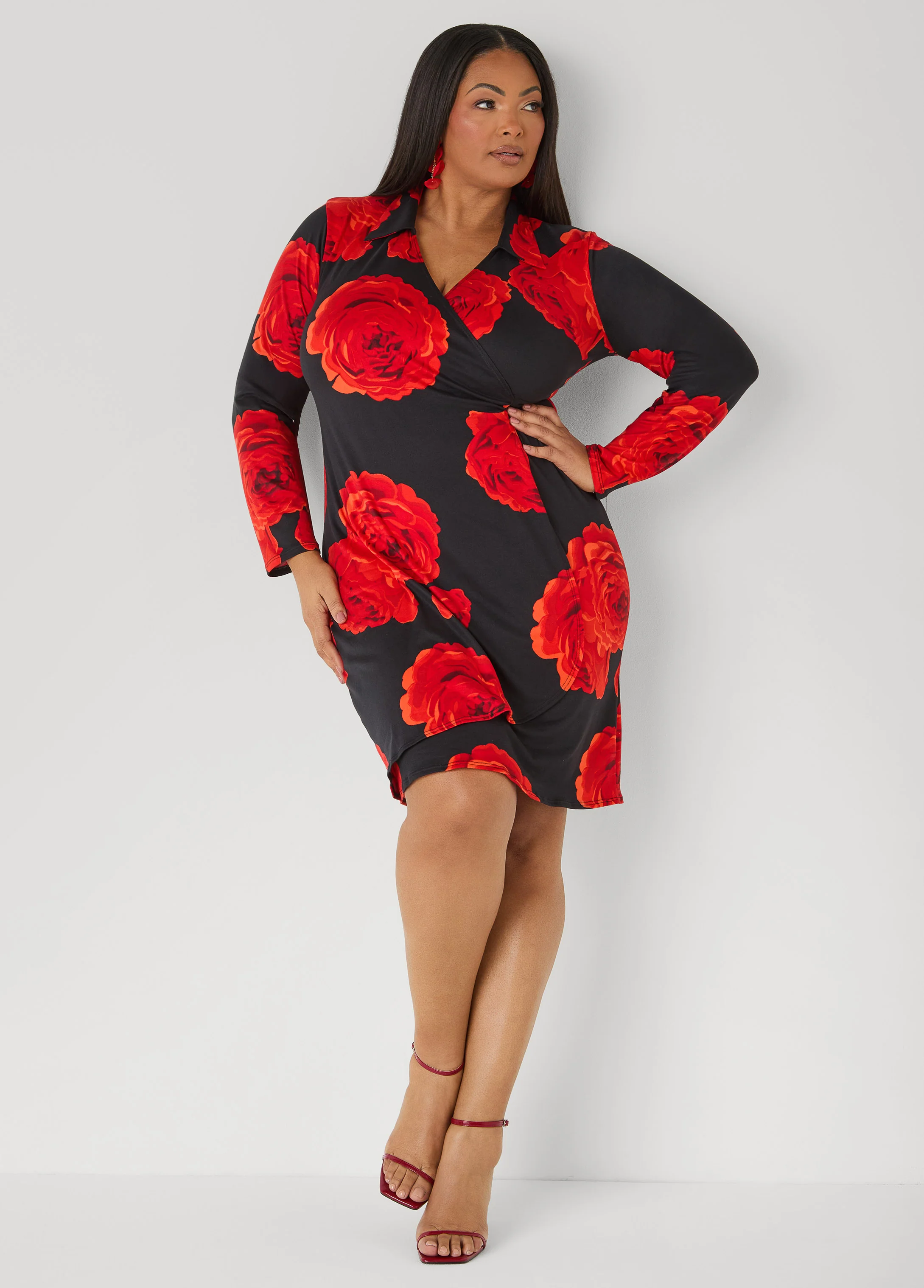 Rose Print Faux Wrap Dress - Image 3