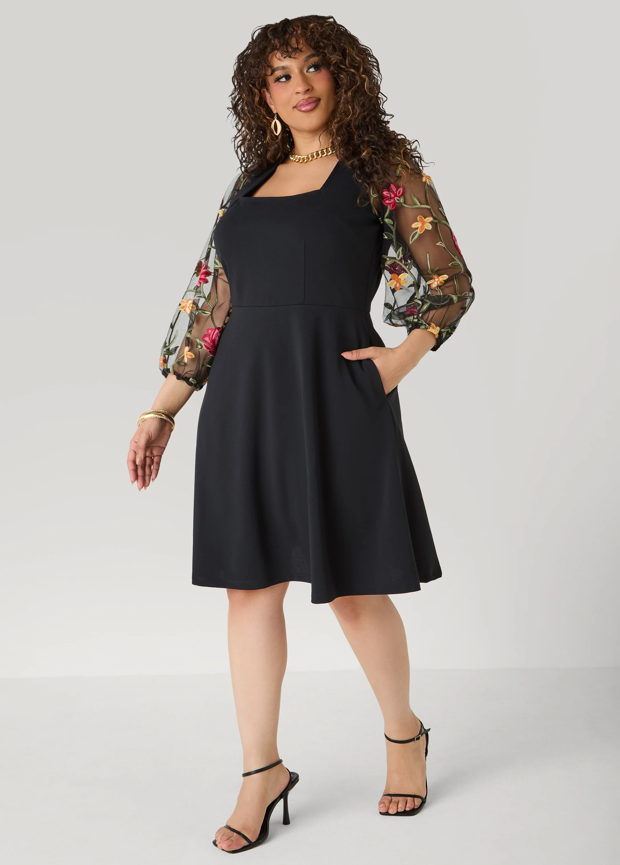 Embroidered Sleeve A Line Dress - Image 5