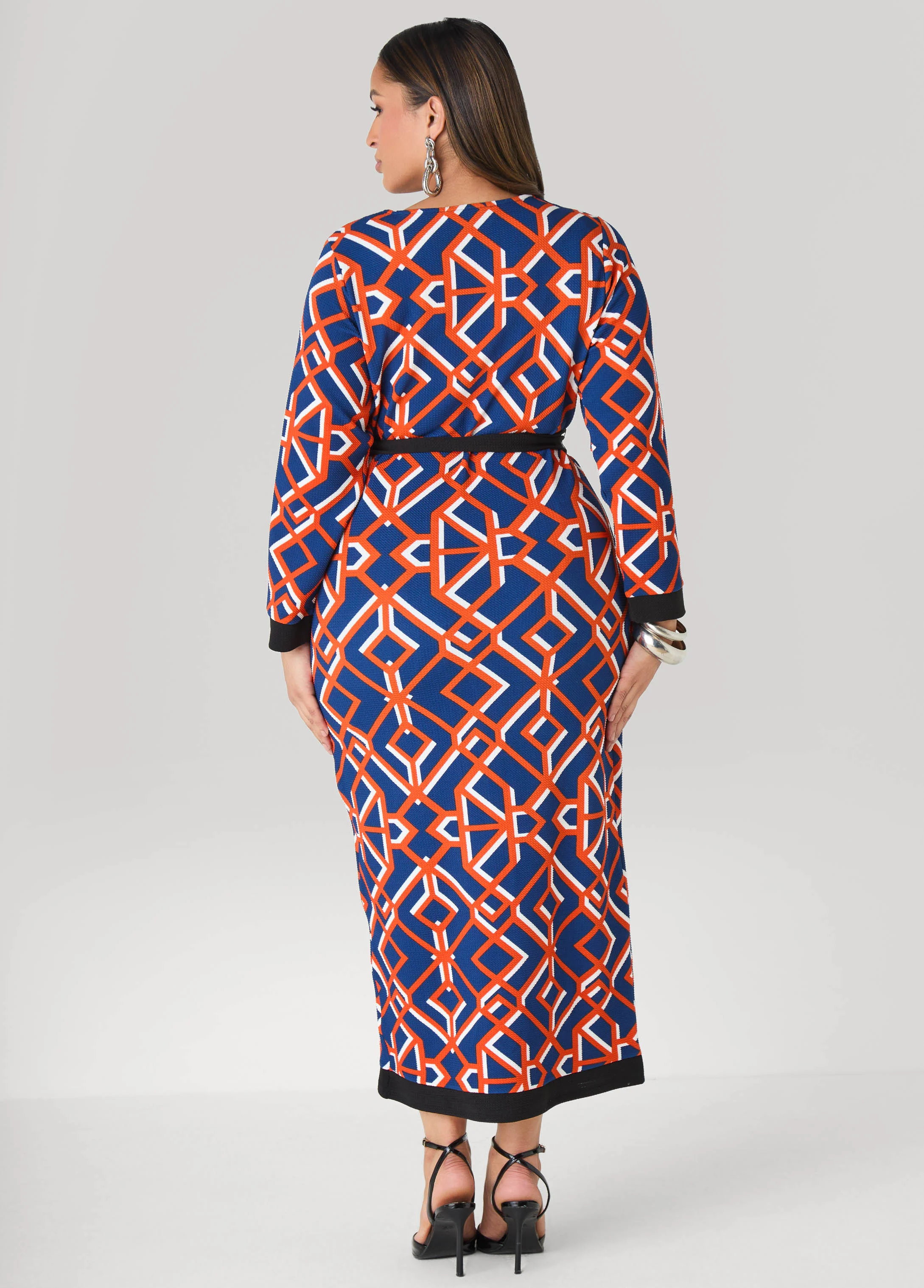 Belted V Neck Geo Print Maxi Dress - Image 2