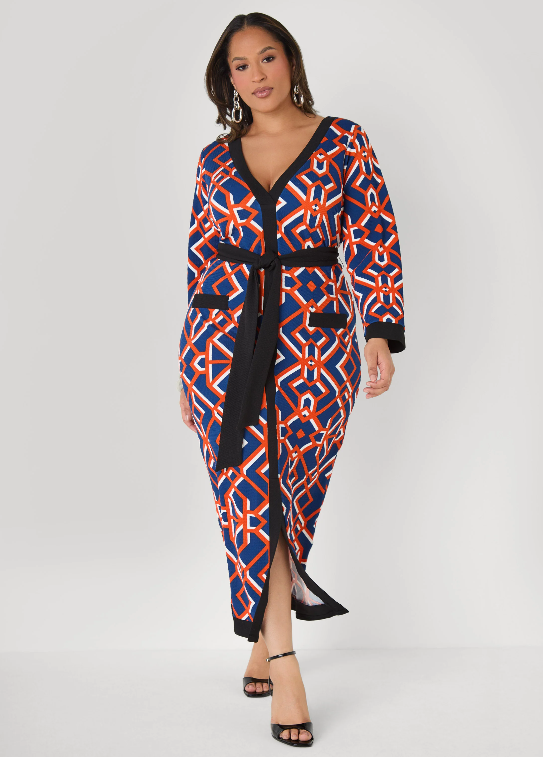 Belted V Neck Geo Print Maxi Dress - Image 3