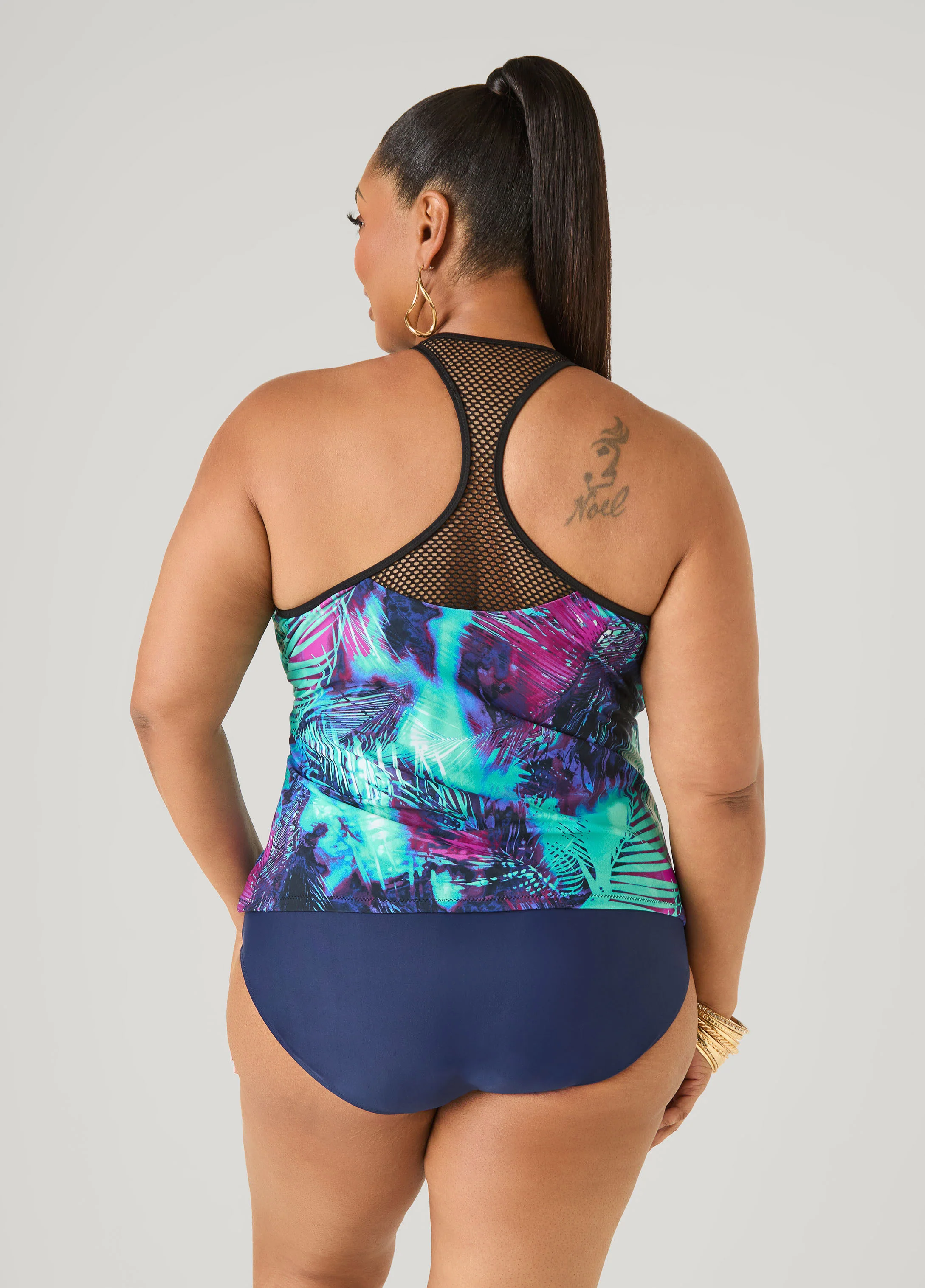 Zip Front Leaf Print Tankini Top - Image 2
