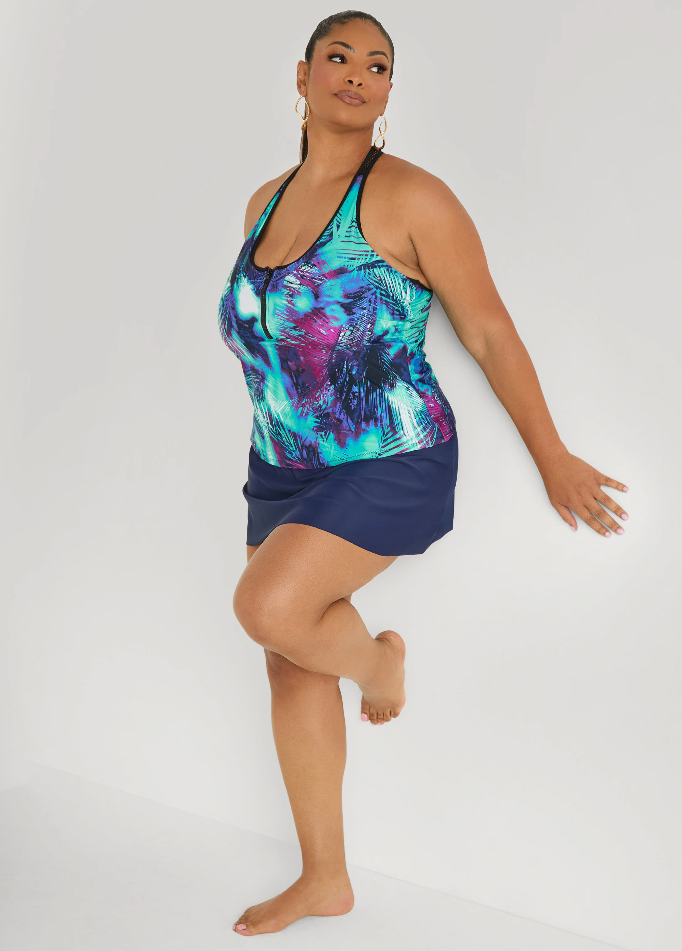 Zip Front Leaf Print Tankini Top - Image 3