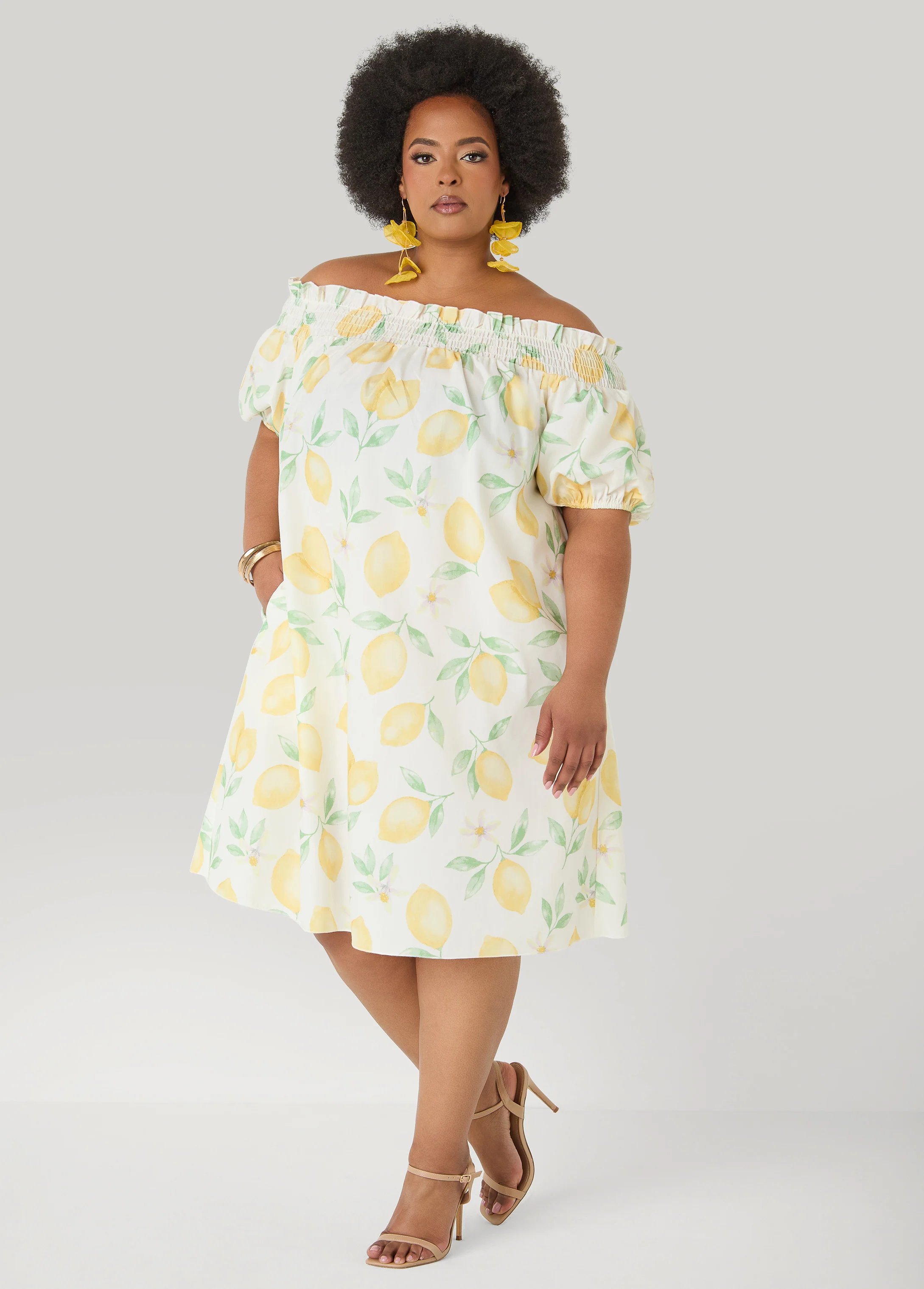 Lemon Print Off The Shoulder Dress - Image 3