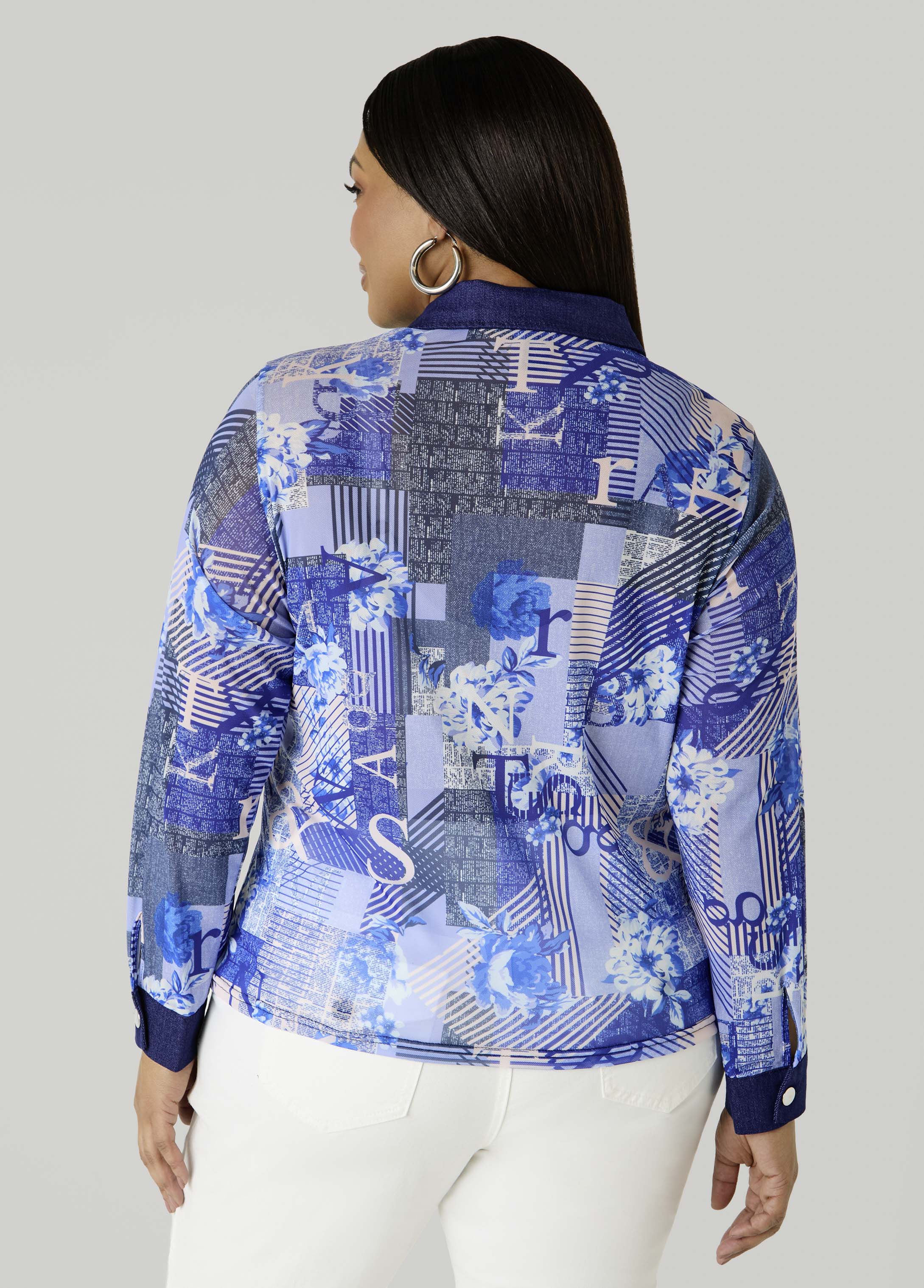 Denim Trimmed Printed Mesh Shirt - Image 2