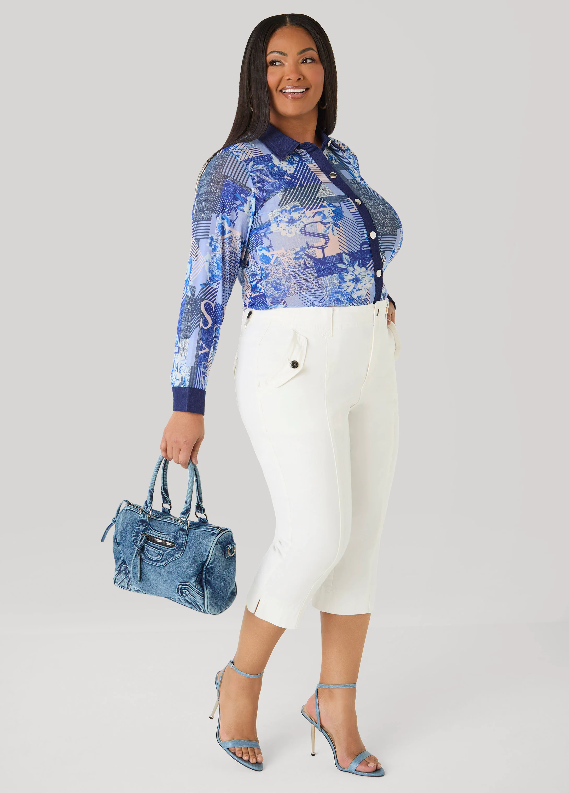 Denim Trimmed Printed Mesh Shirt - Image 3