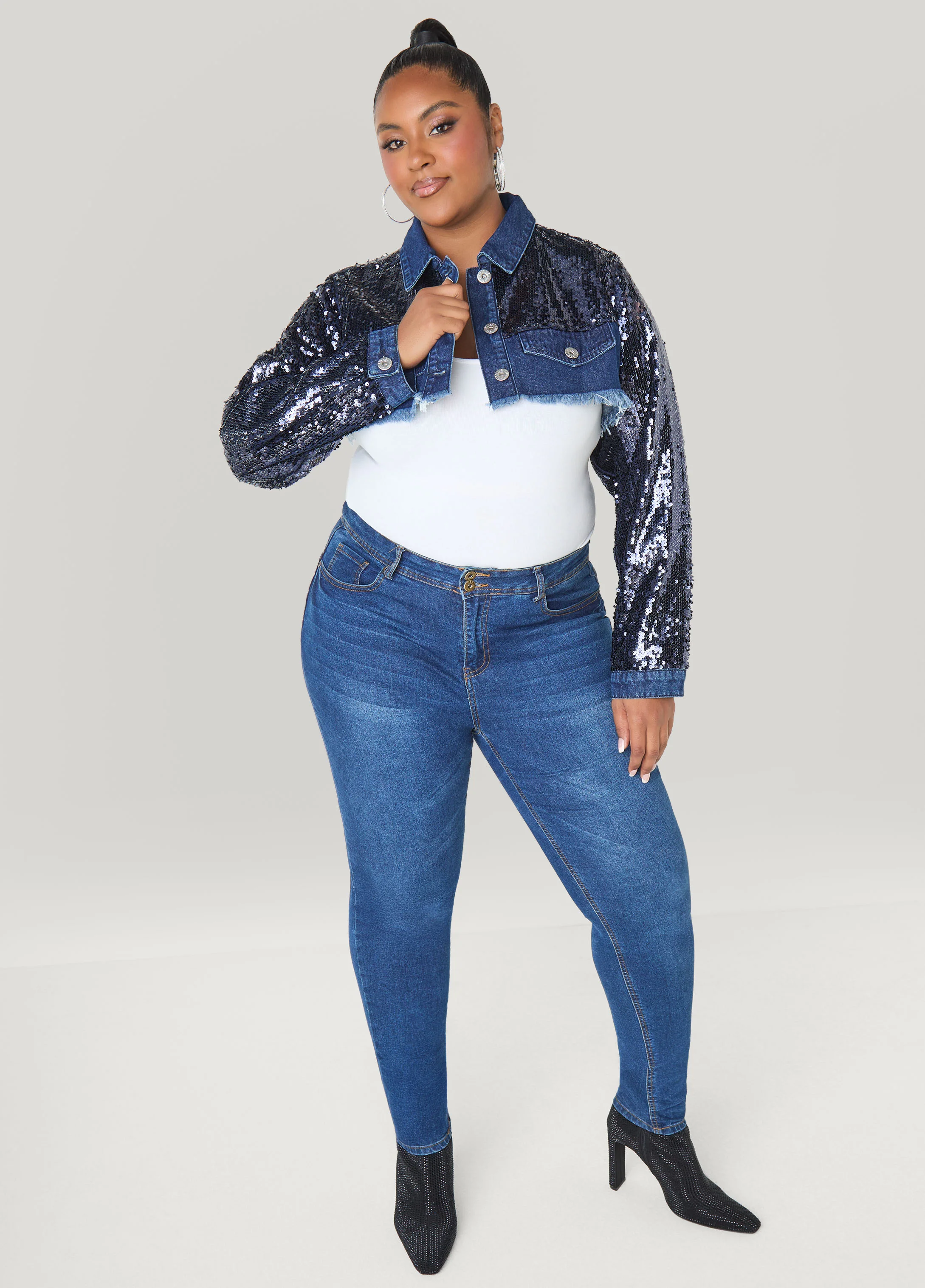 Sequined Cropped Denim Jacket - Image 4