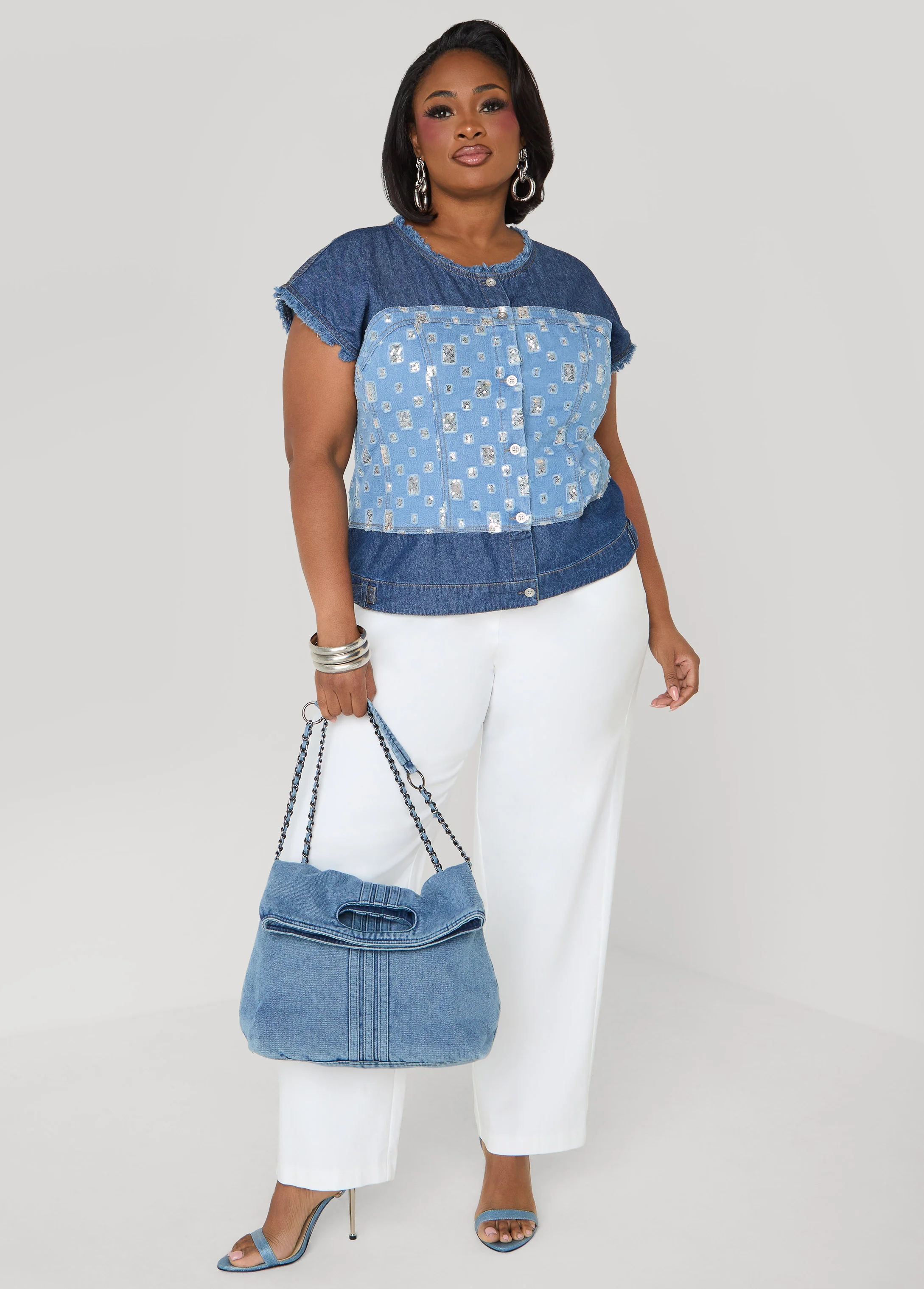 Distressed Embellished Denim Shirt - Image 3