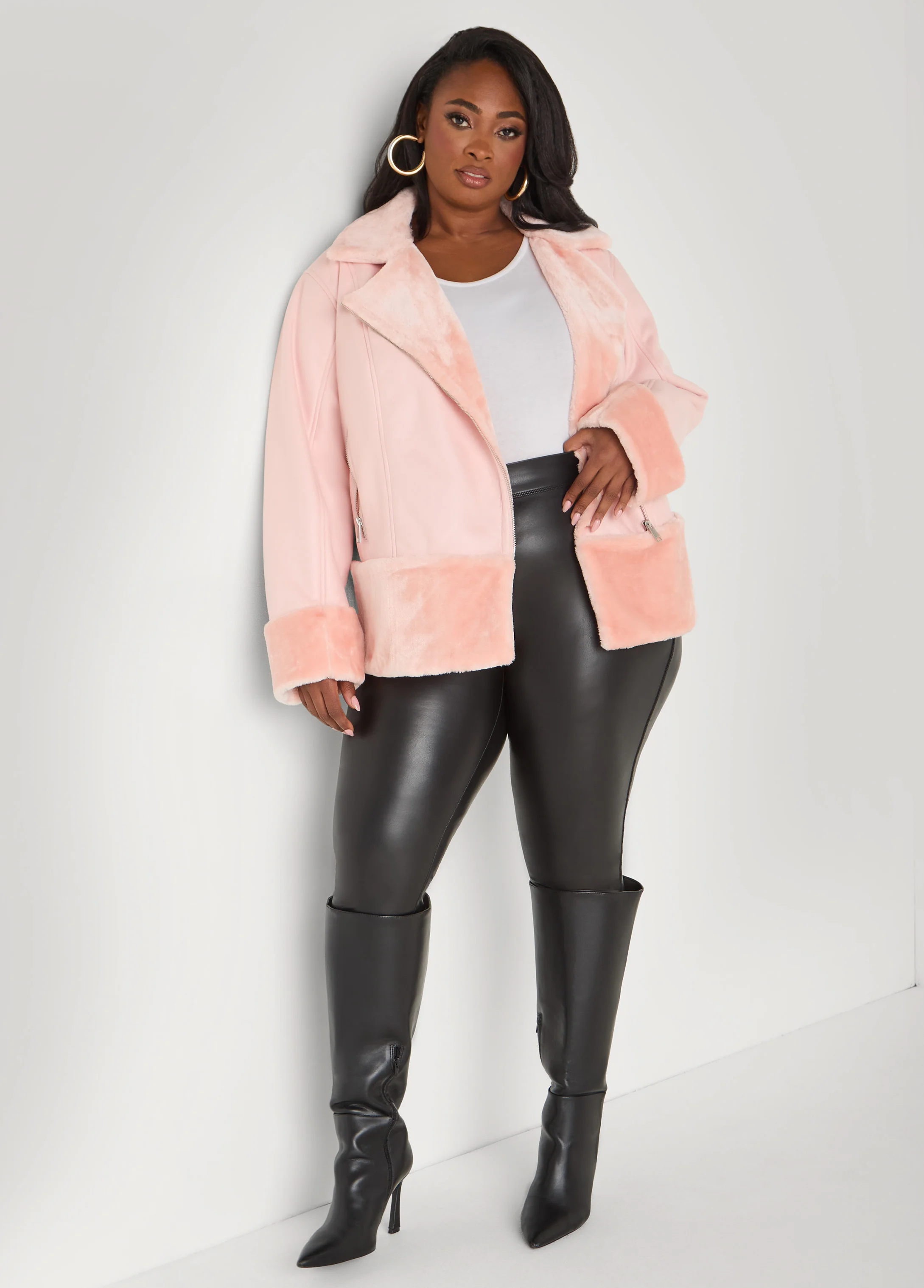 Cuffed Faux Shearling Moto Jacket - Image 4