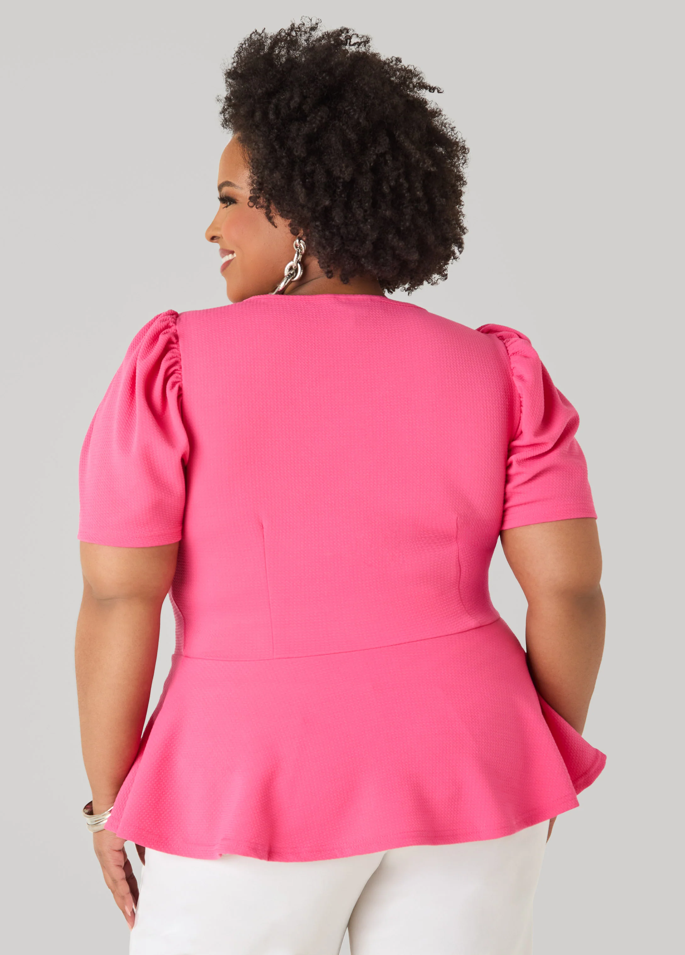 Puff Sleeved Textured Peplum Top - Image 2