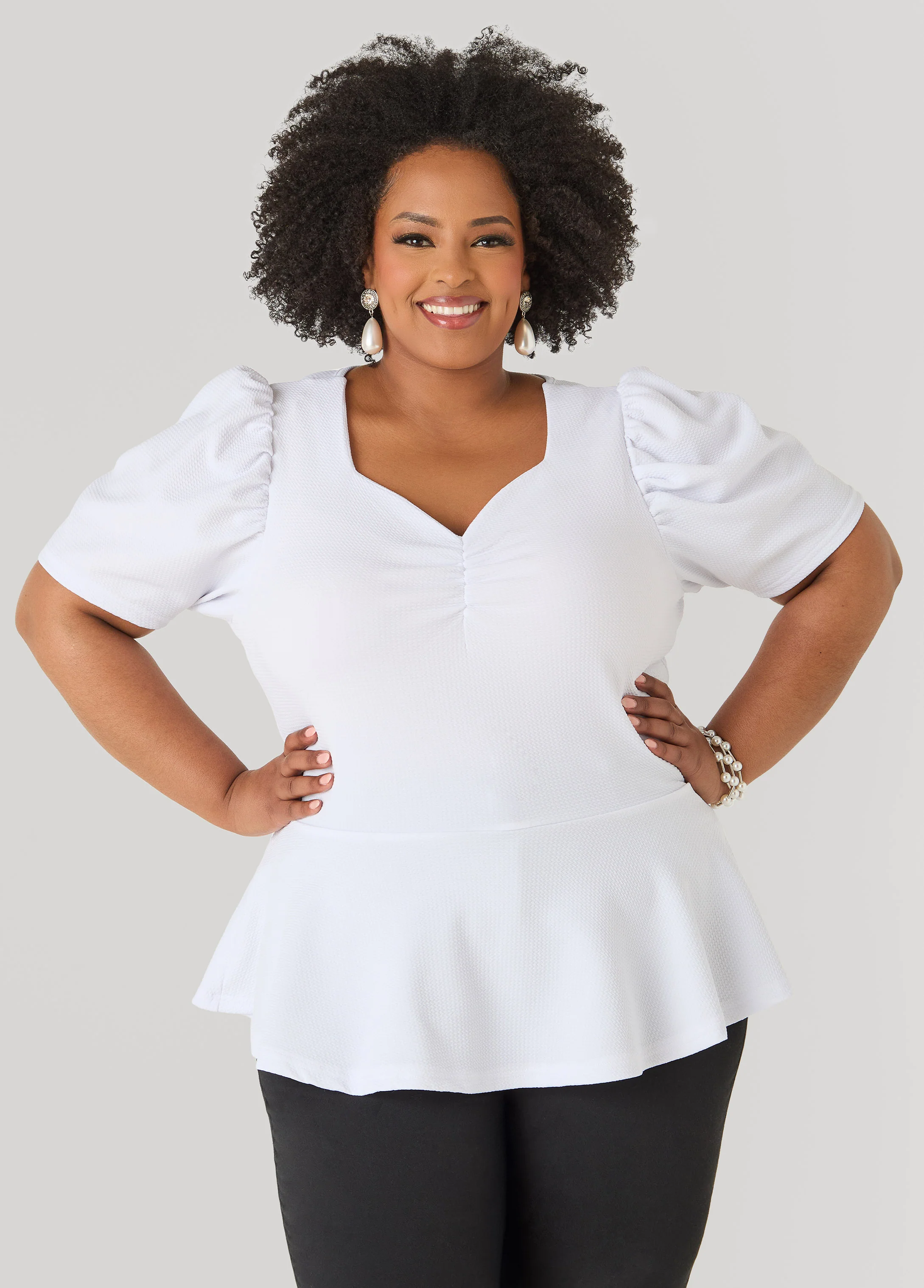 Puff Sleeved Textured Peplum Top - Image 5