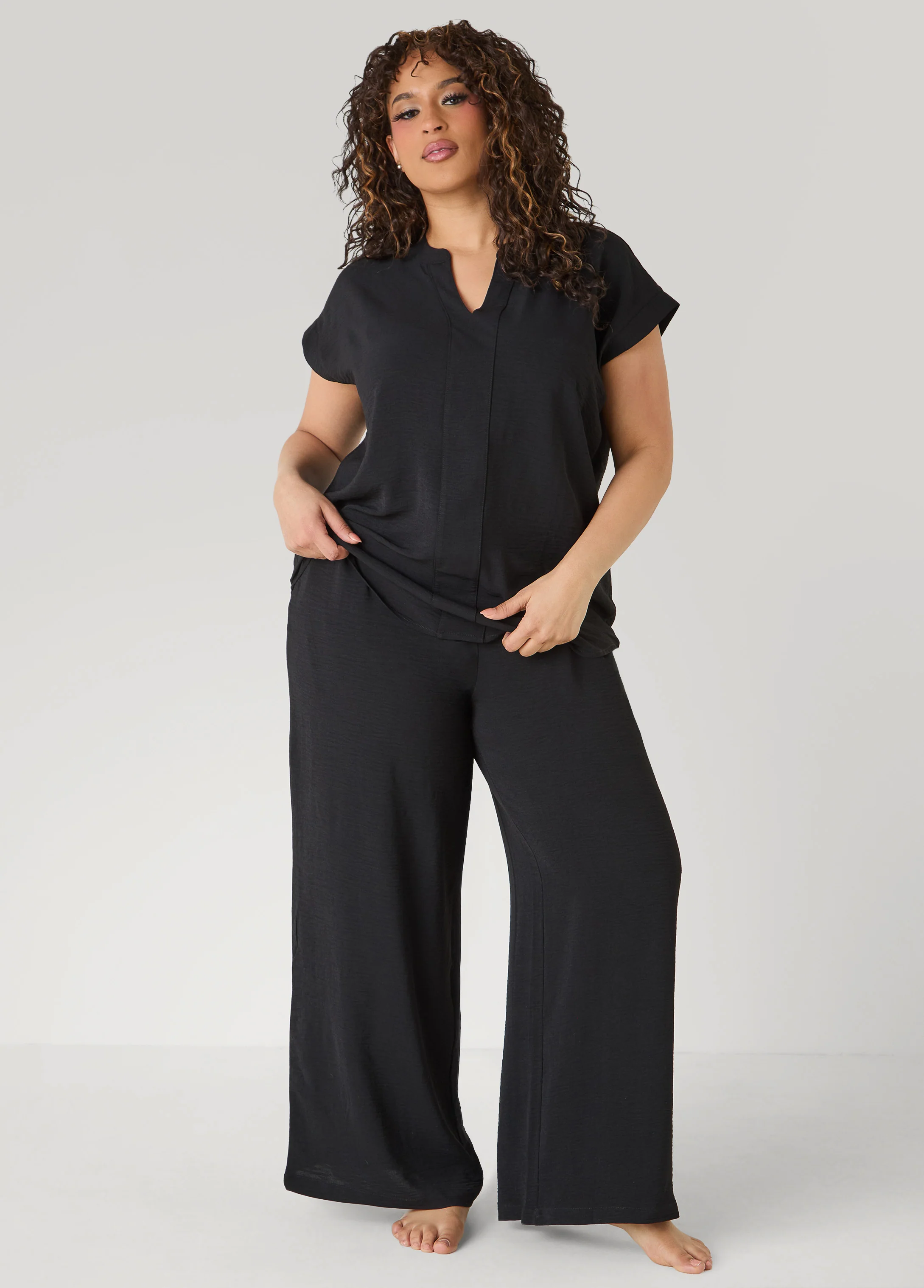 Textured V Neck Pajama Set - Image 3