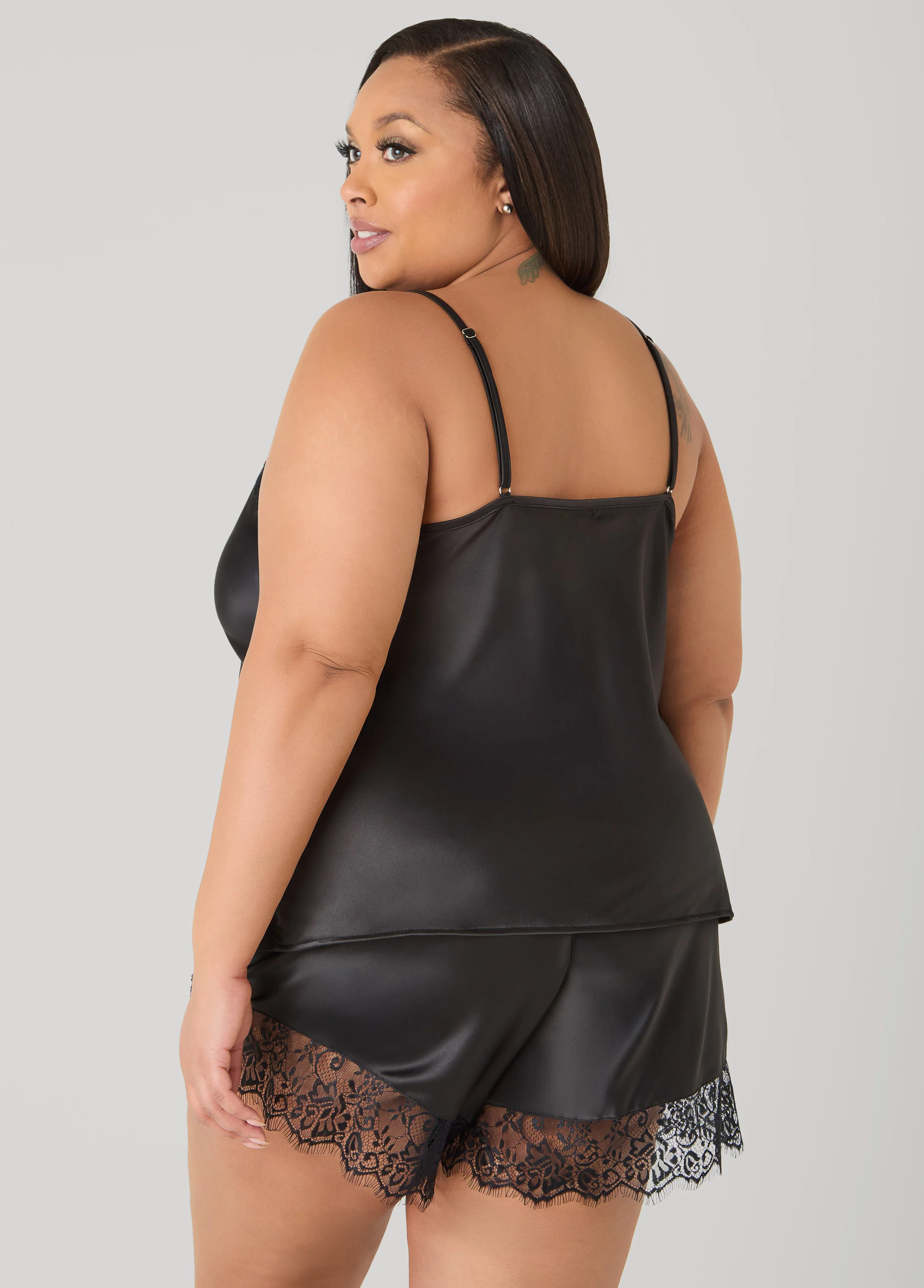 Lace Trimmed Satin PJs Shorts Set - Image 2