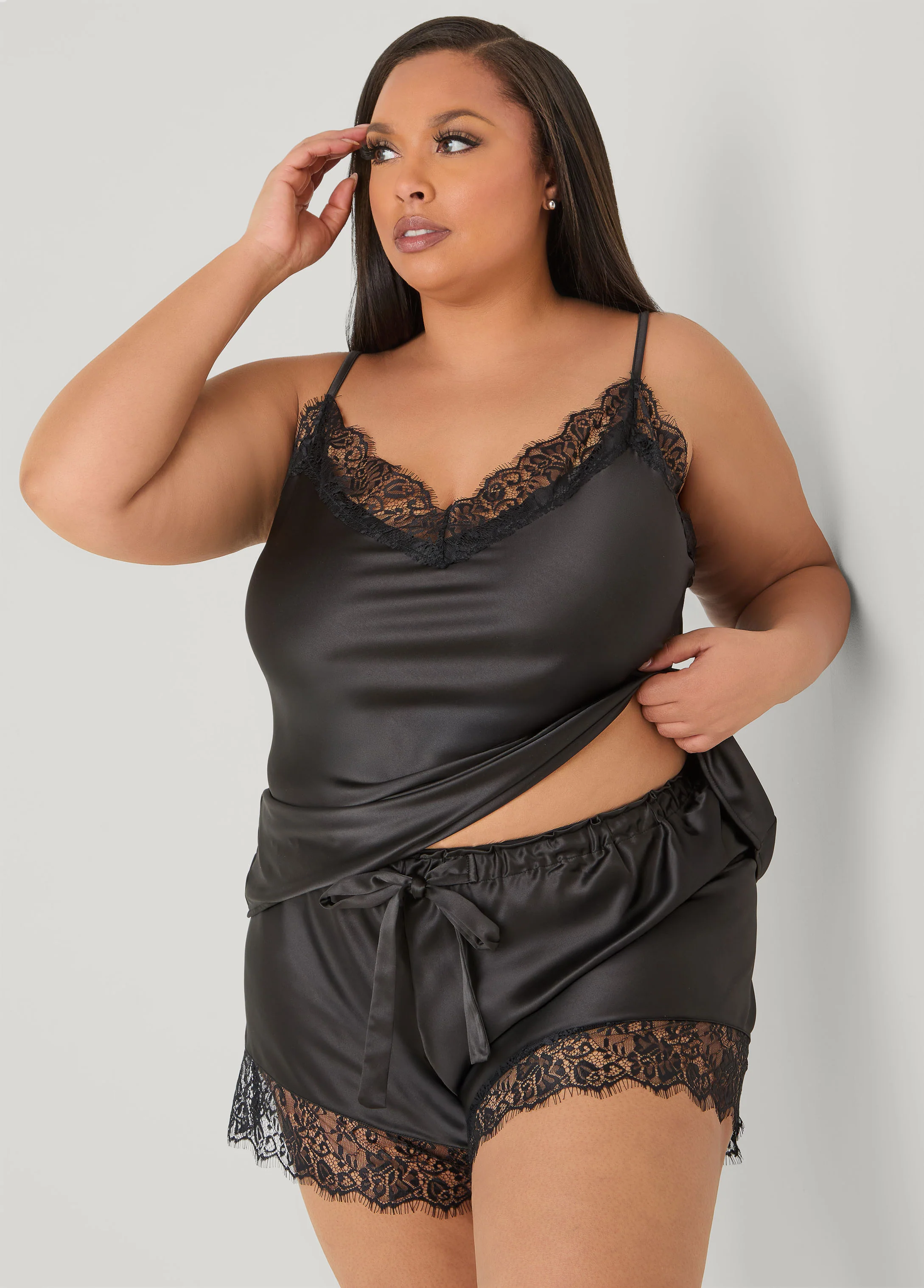 Lace Trimmed Satin PJs Shorts Set - Image 3