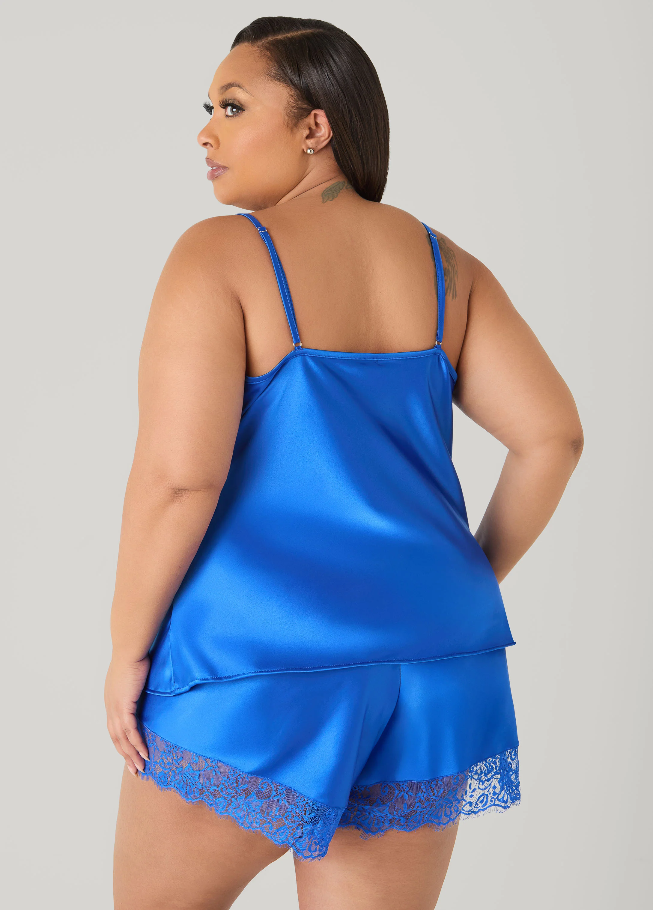 Lace Trimmed Satin Shorts Set - Image 2