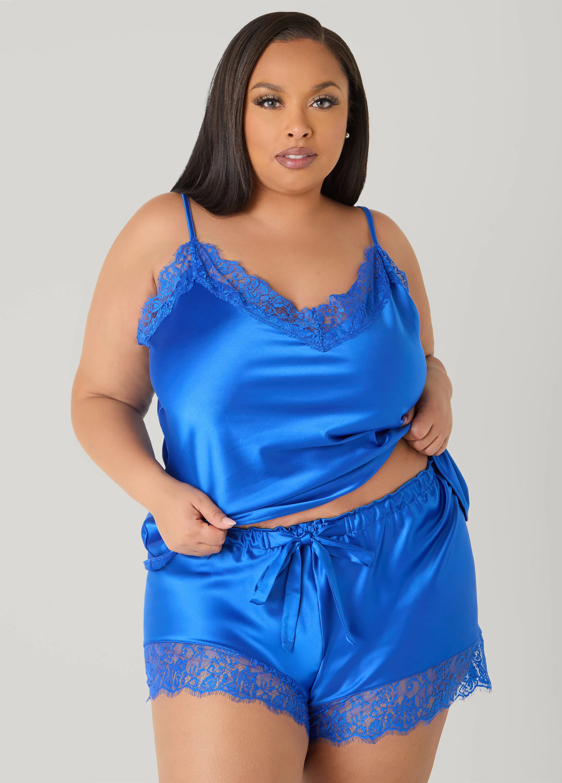 Lace Trimmed Satin Shorts Set - Image 3