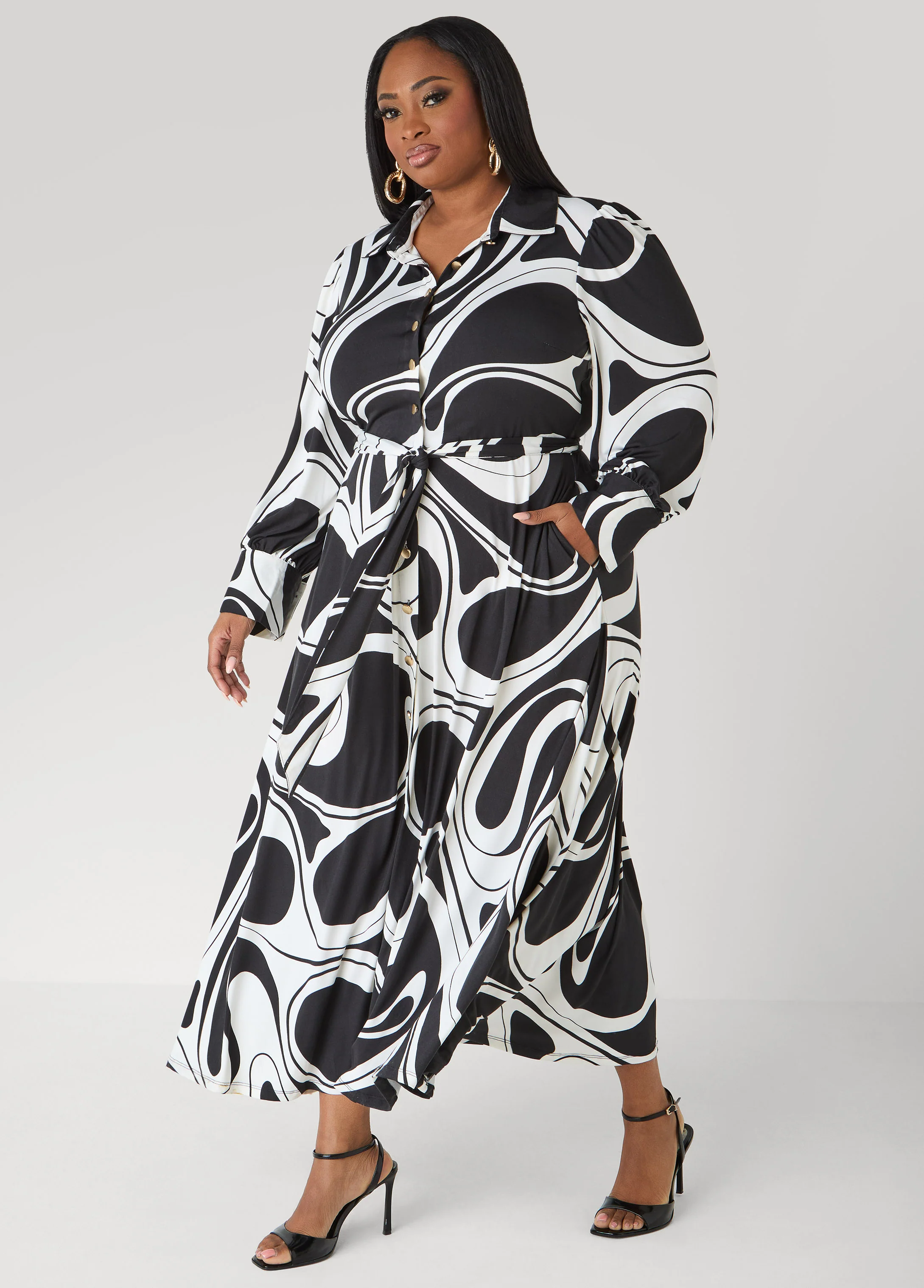 Swirl Print A Line Maxi Shirtdress - Image 3