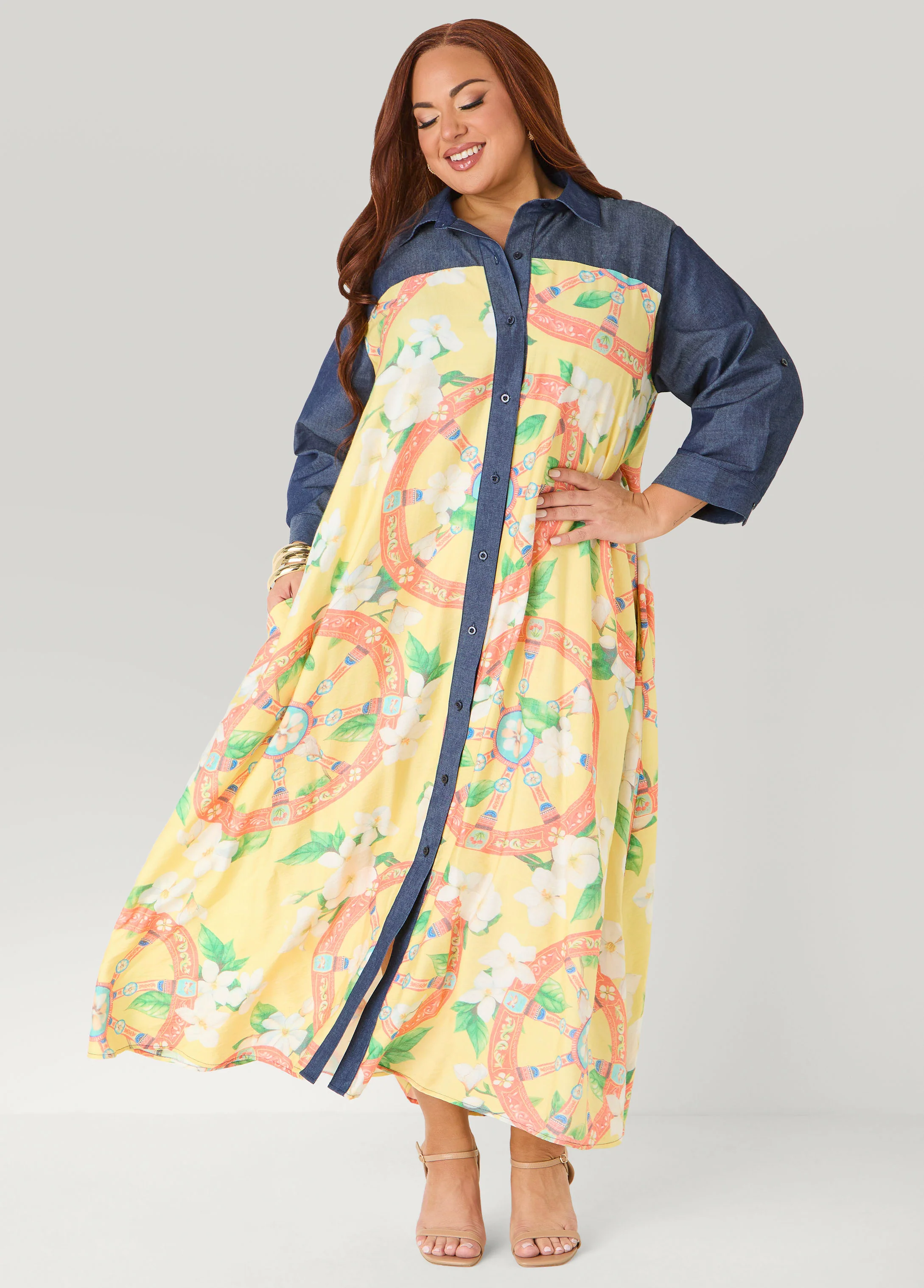 Tall Denim Paneled Printed Shirtdress - Image 4