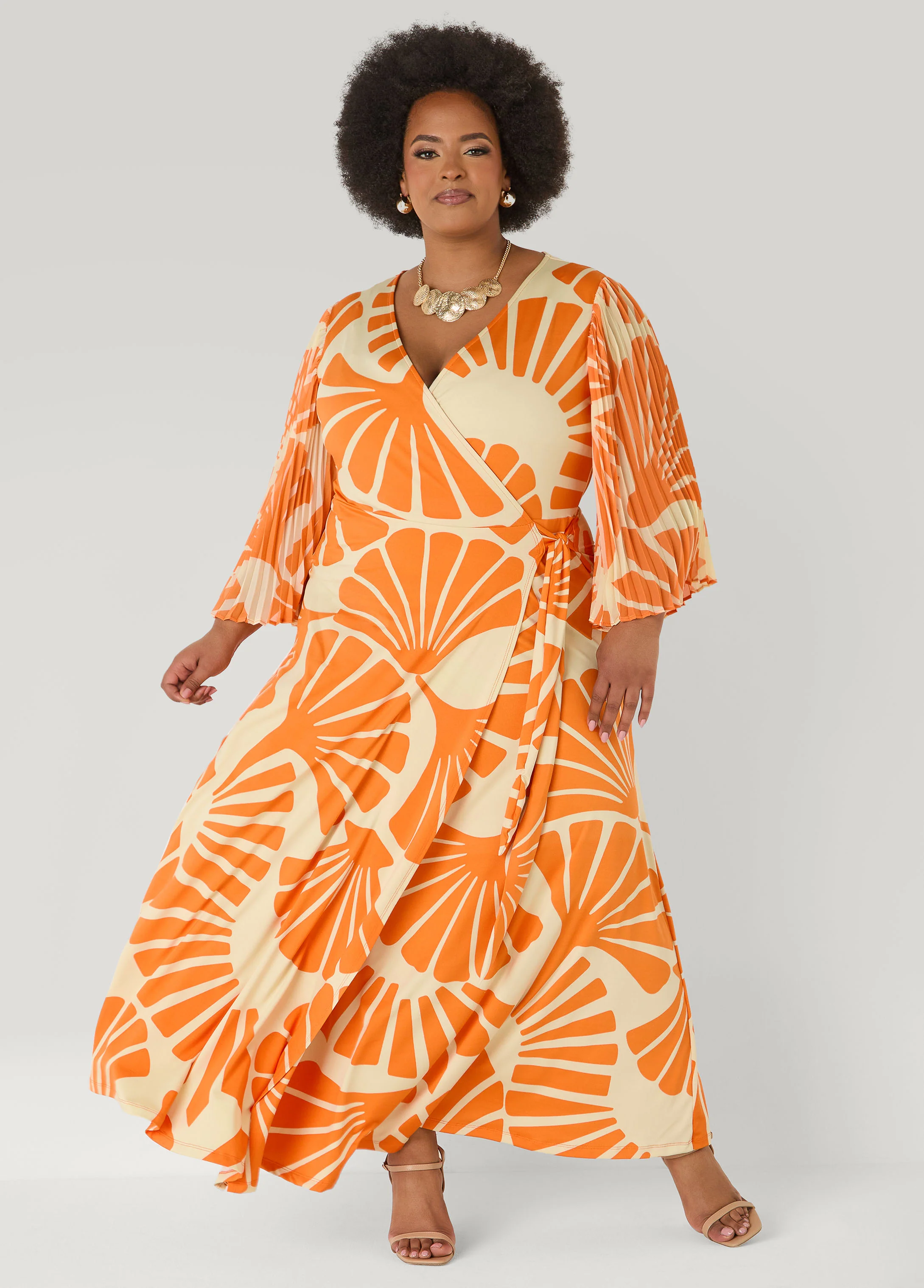 Pleated Sleeve Tropical Wrap Dress - Image 3