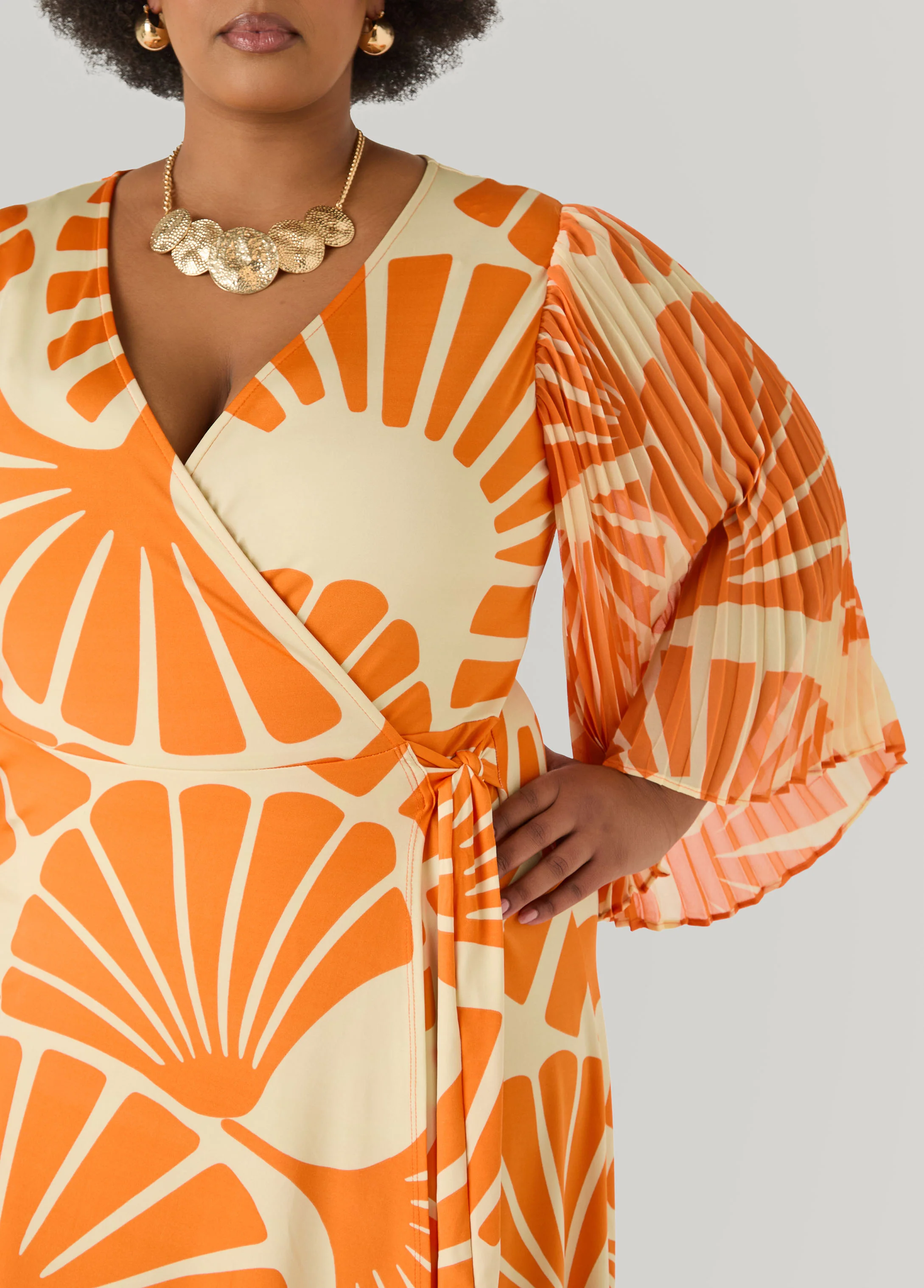 Pleated Sleeve Tropical Wrap Dress - Image 4