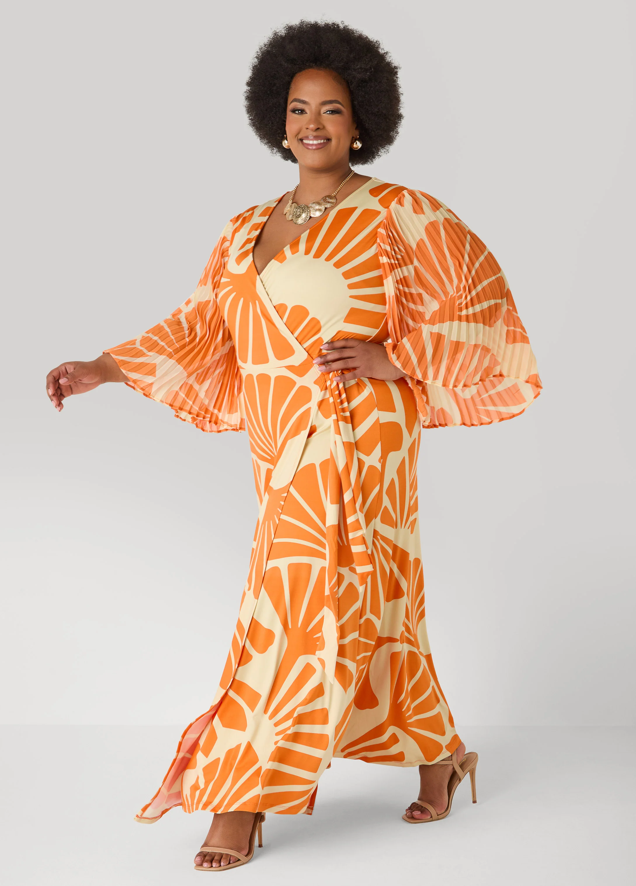Pleated Sleeve Tropical Wrap Dress - Image 5