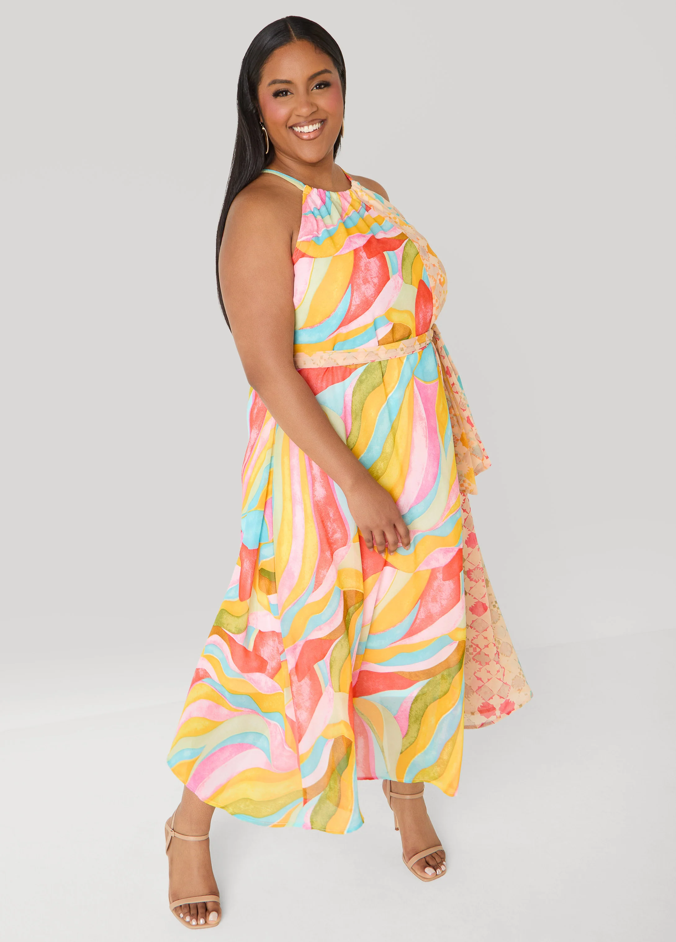 Belted Scarf Print Maxi Dress - Image 3