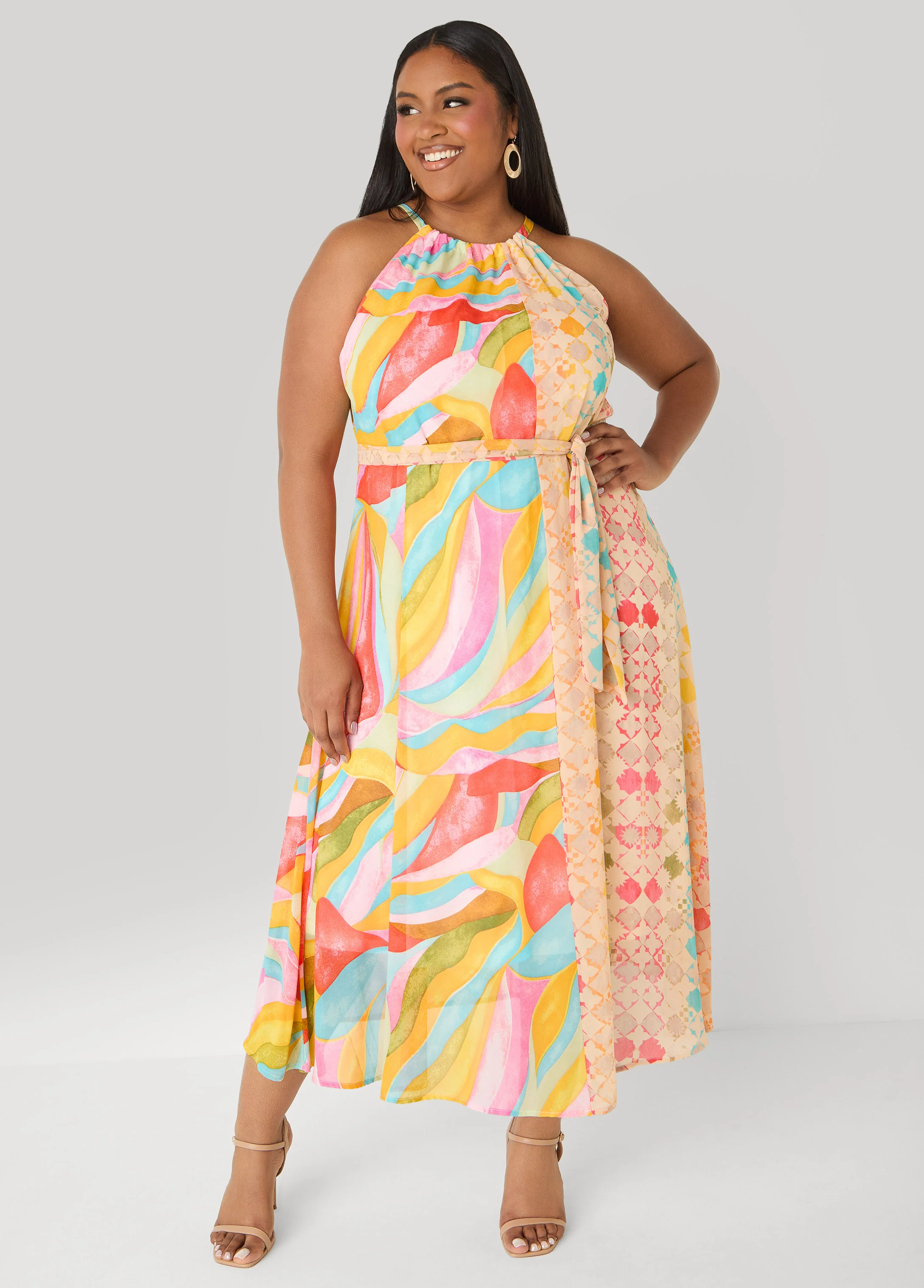 Belted Scarf Print Maxi Dress - Image 4