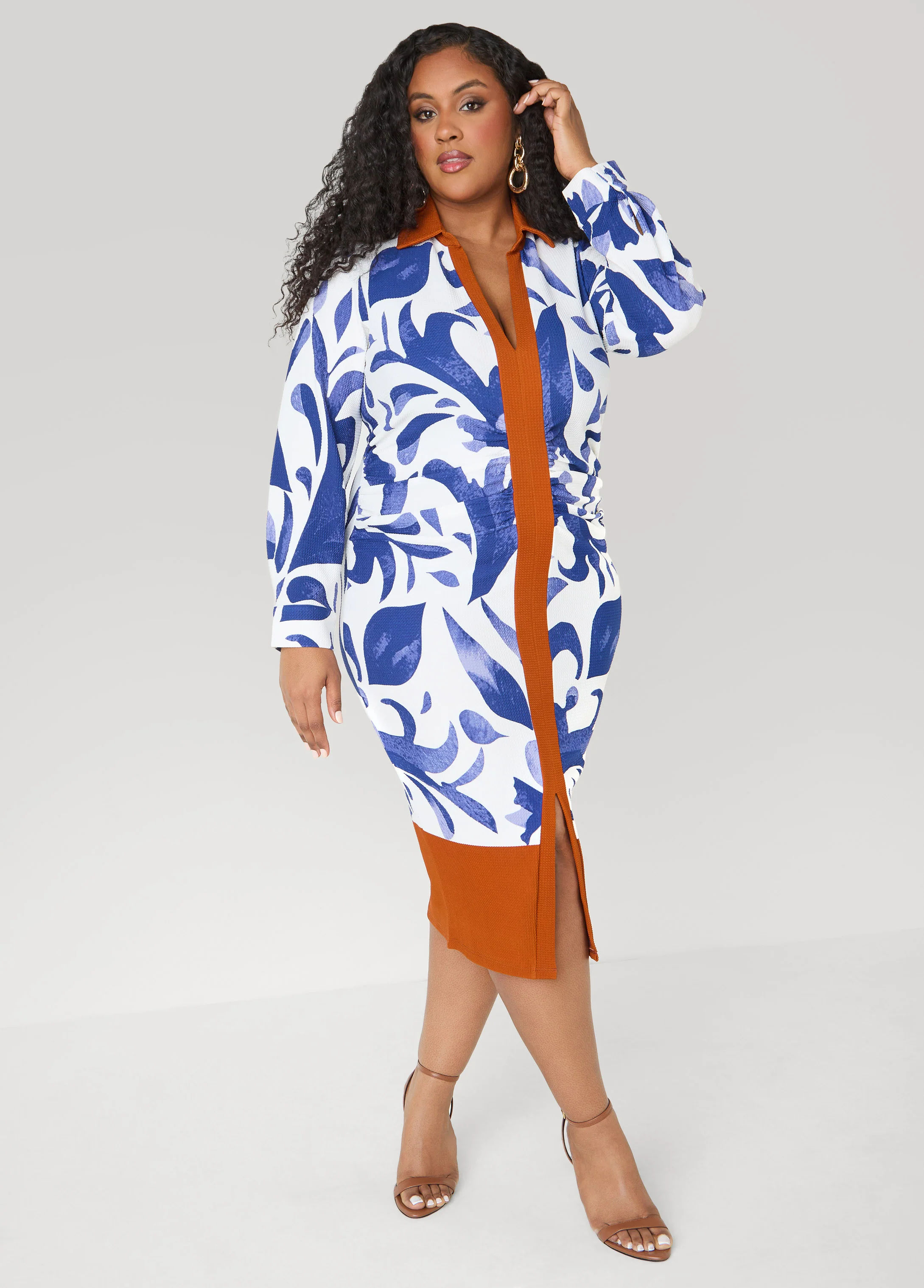 Ruched Leaf Print Bodycon Dress - Image 3