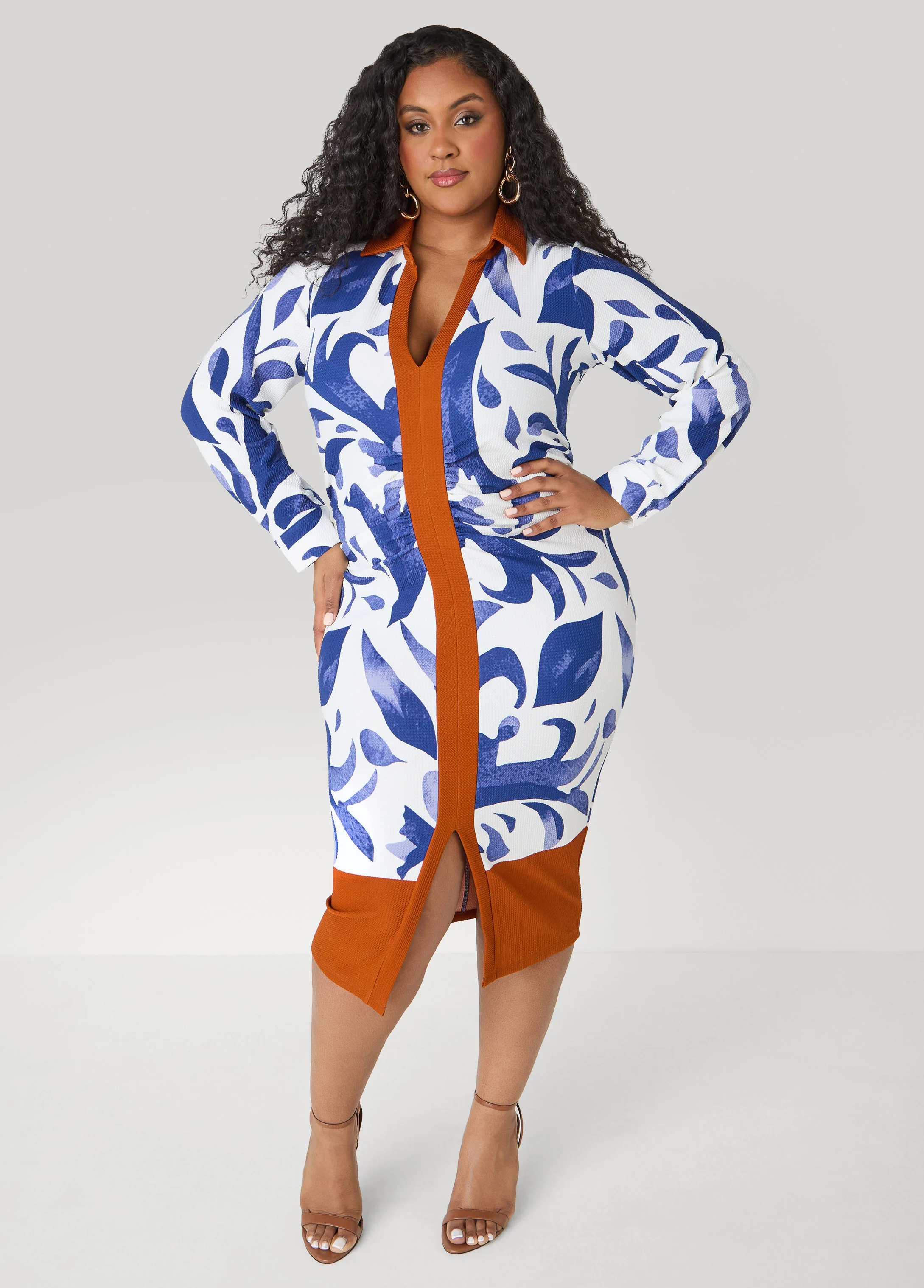 Ruched Leaf Print Bodycon Dress - Image 4