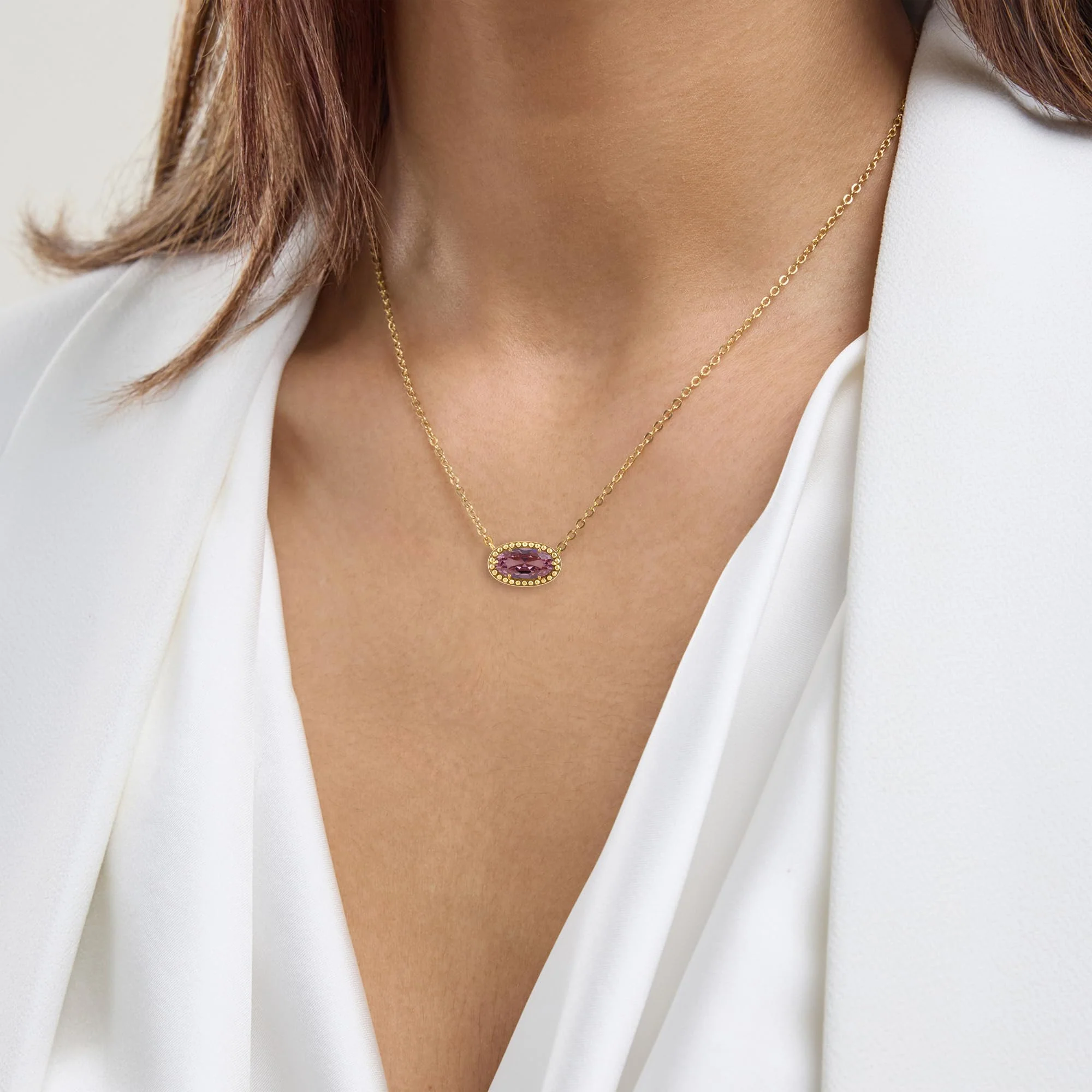 Oval Gemstone Necklace in 14K Gold Plated Sterling Silver, Oval Pendant Size 6 * 12mm, 15" Cable Chain with 2" Extender, Gift Box Included - Apr, White Zircon - Image 15
