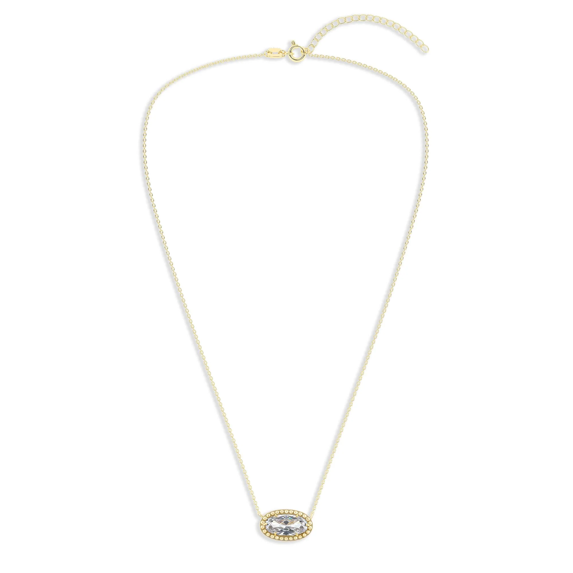 Oval Gemstone Necklace in 14K Gold Plated Sterling Silver, Oval Pendant Size 6 * 12mm, 15" Cable Chain with 2" Extender, Gift Box Included - Apr, White Zircon - Image 2