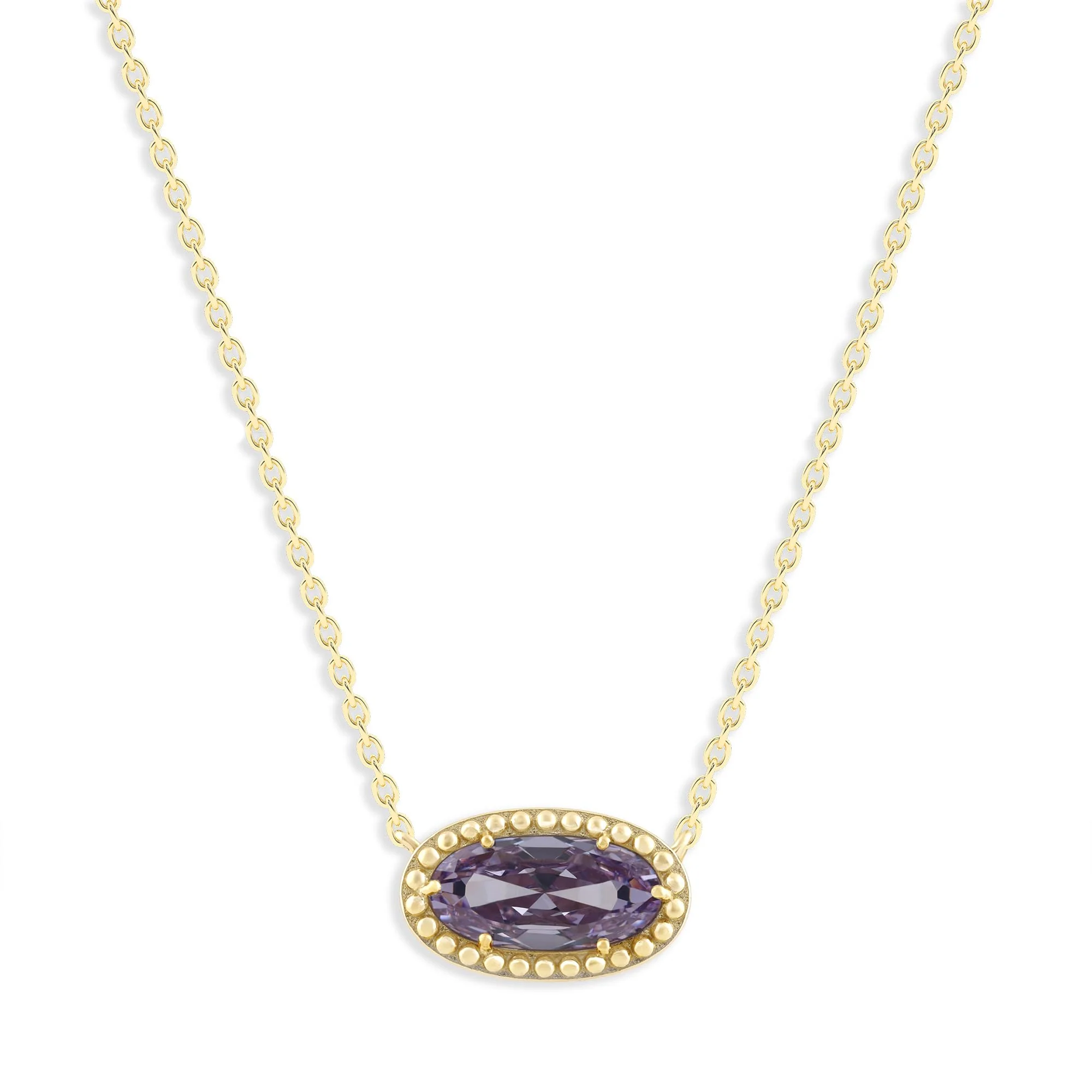 Oval Gemstone Necklace in 14K Gold Plated Sterling Silver, Oval Pendant Size 6 * 12mm, 15" Cable Chain with 2" Extender, Gift Box Included - Apr, White Zircon - Image 44