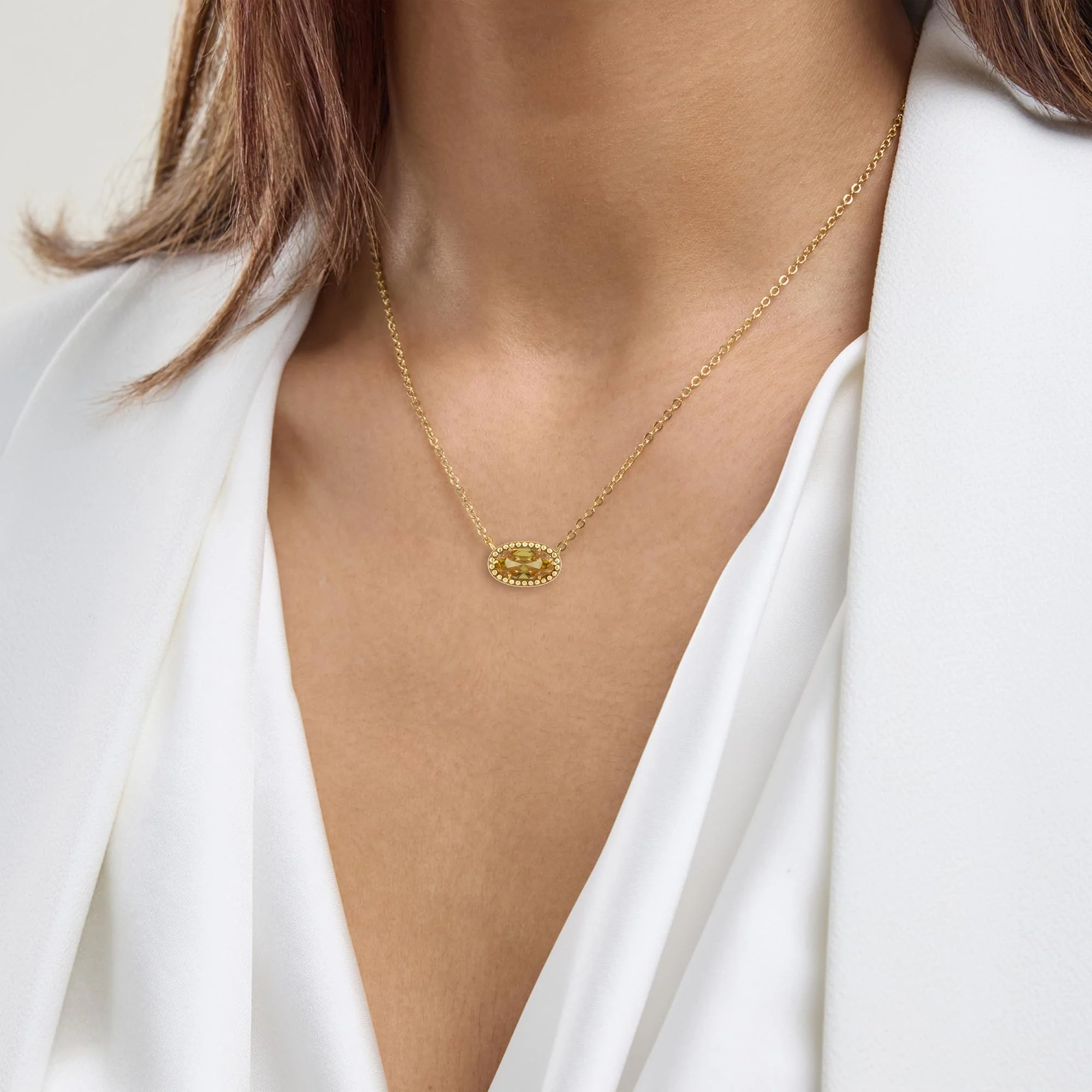 Oval Gemstone Necklace in 14K Gold Plated Sterling Silver, Oval Pendant Size 6 * 12mm, 15" Cable Chain with 2" Extender, Gift Box Included - Apr, White Zircon - Image 5