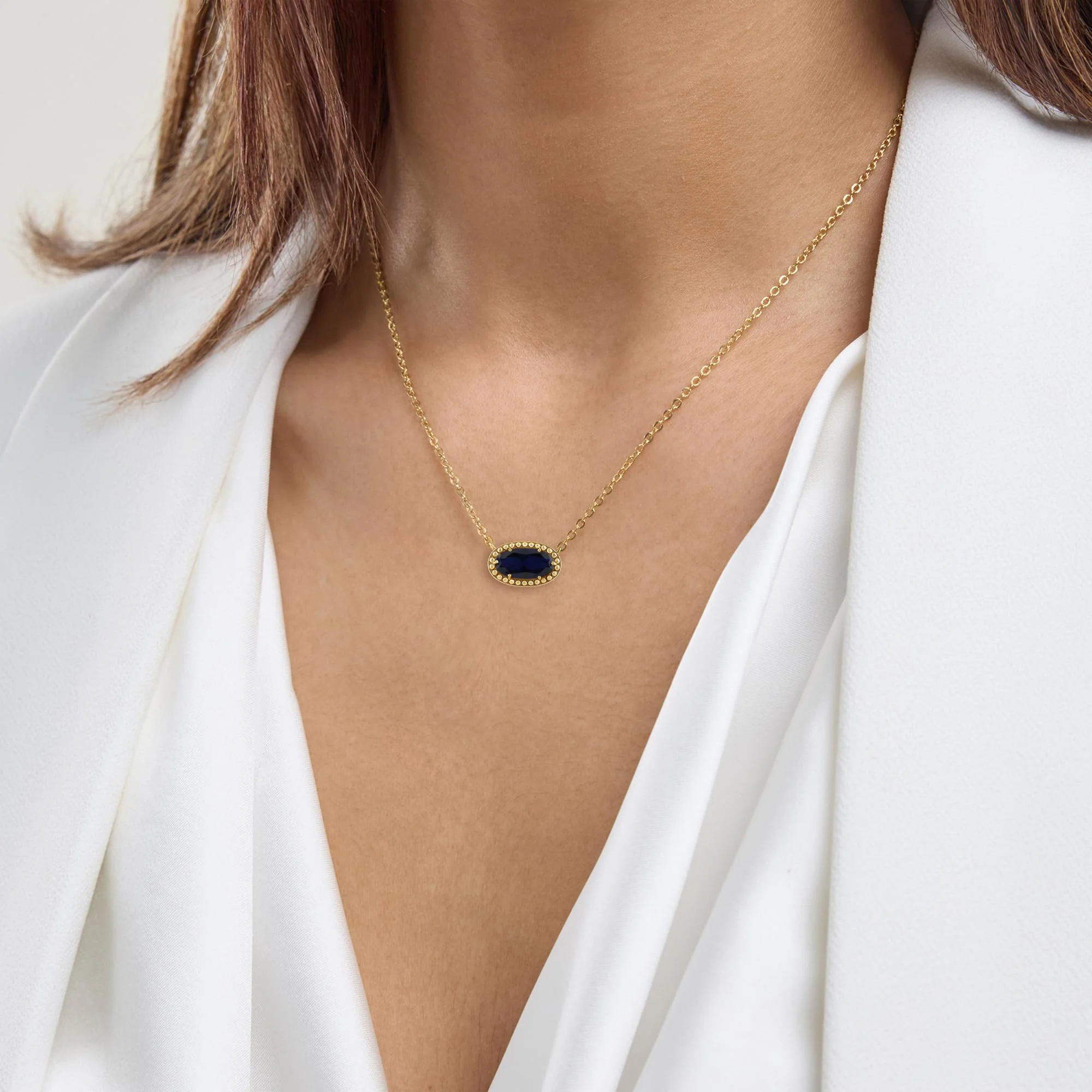 Oval Gemstone Necklace in 14K Gold Plated Sterling Silver, Oval Pendant Size 6 * 12mm, 15" Cable Chain with 2" Extender, Gift Box Included - Apr, White Zircon - Image 50