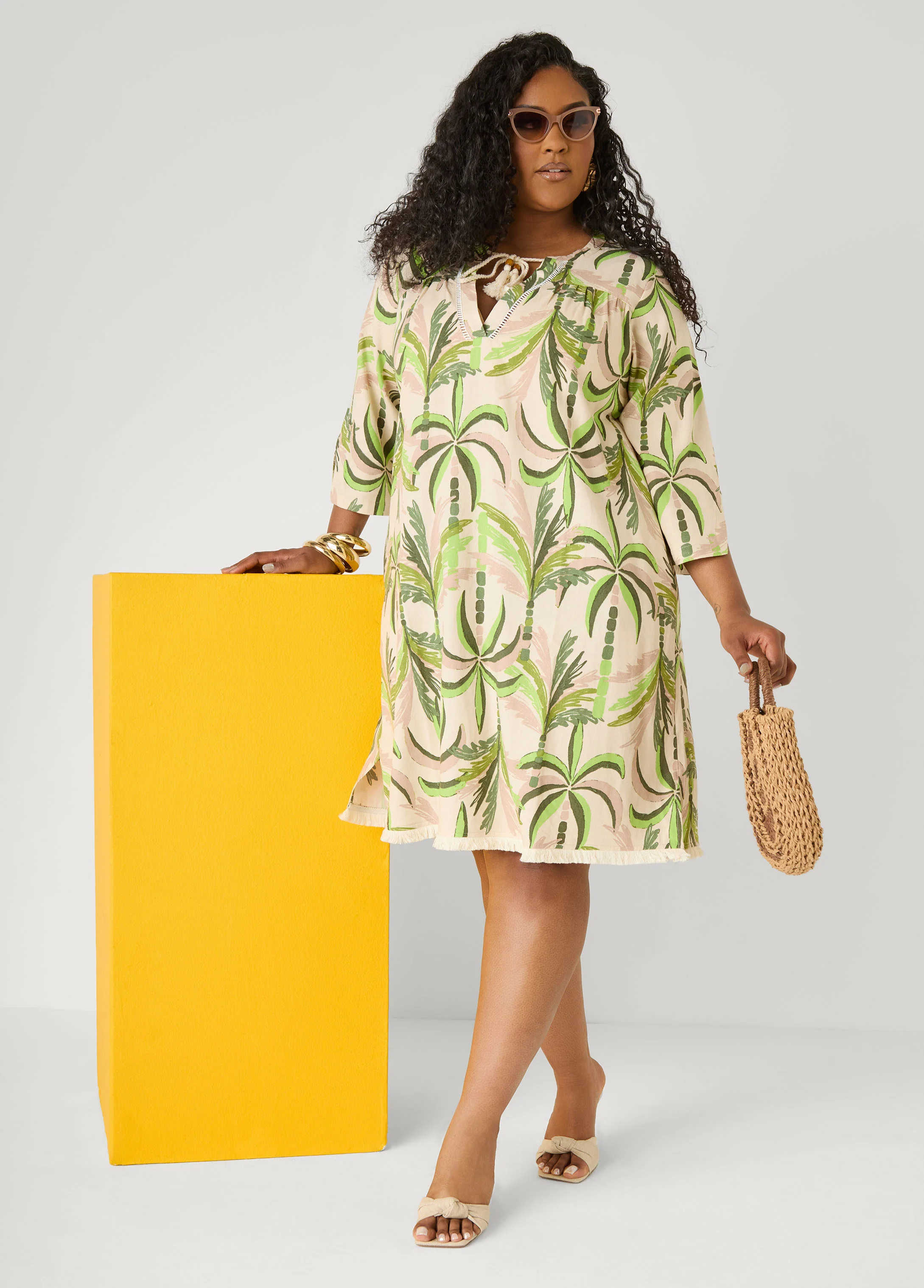 Palm Print Linen Blend Dress - Image 3
