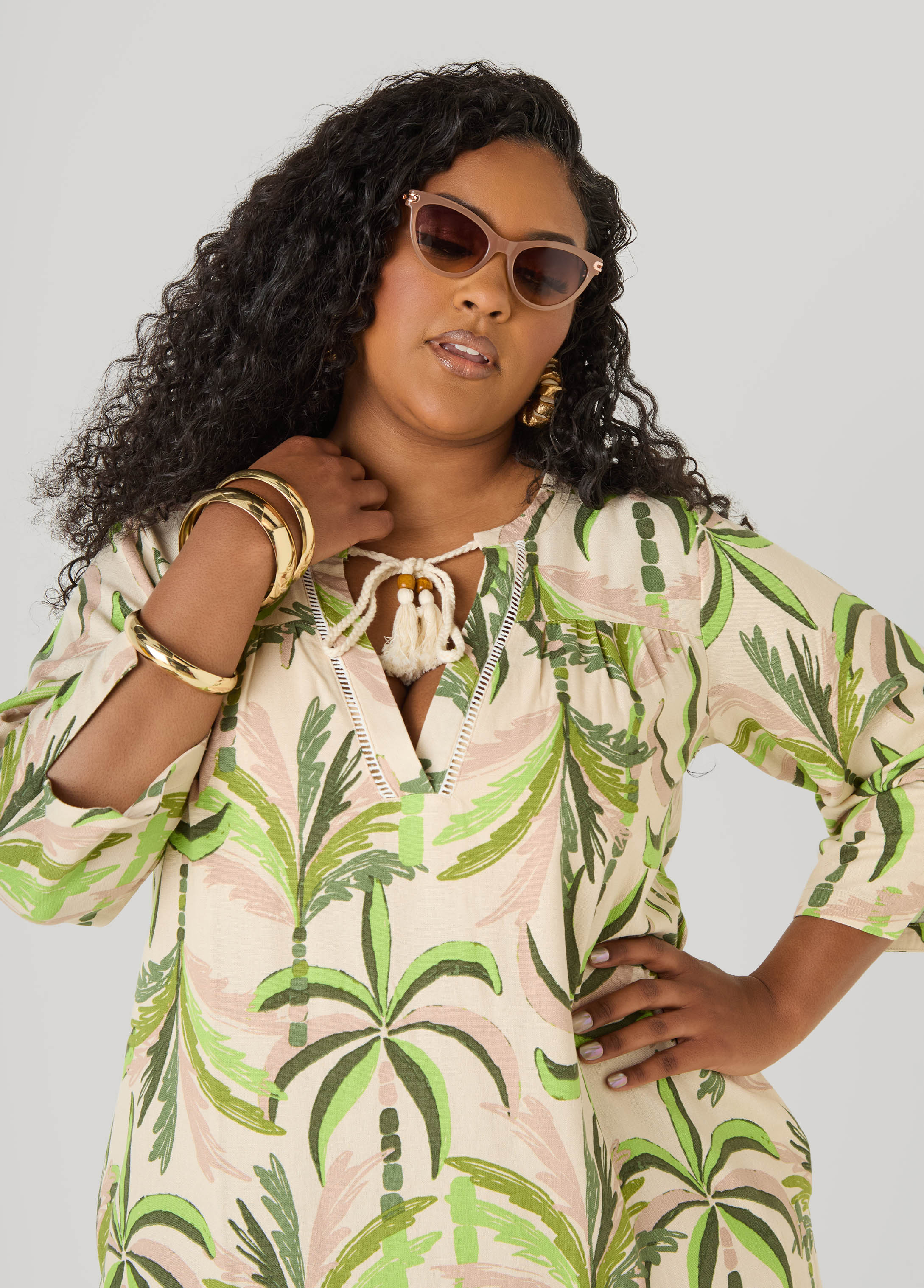 Palm Print Linen Blend Dress - Image 4