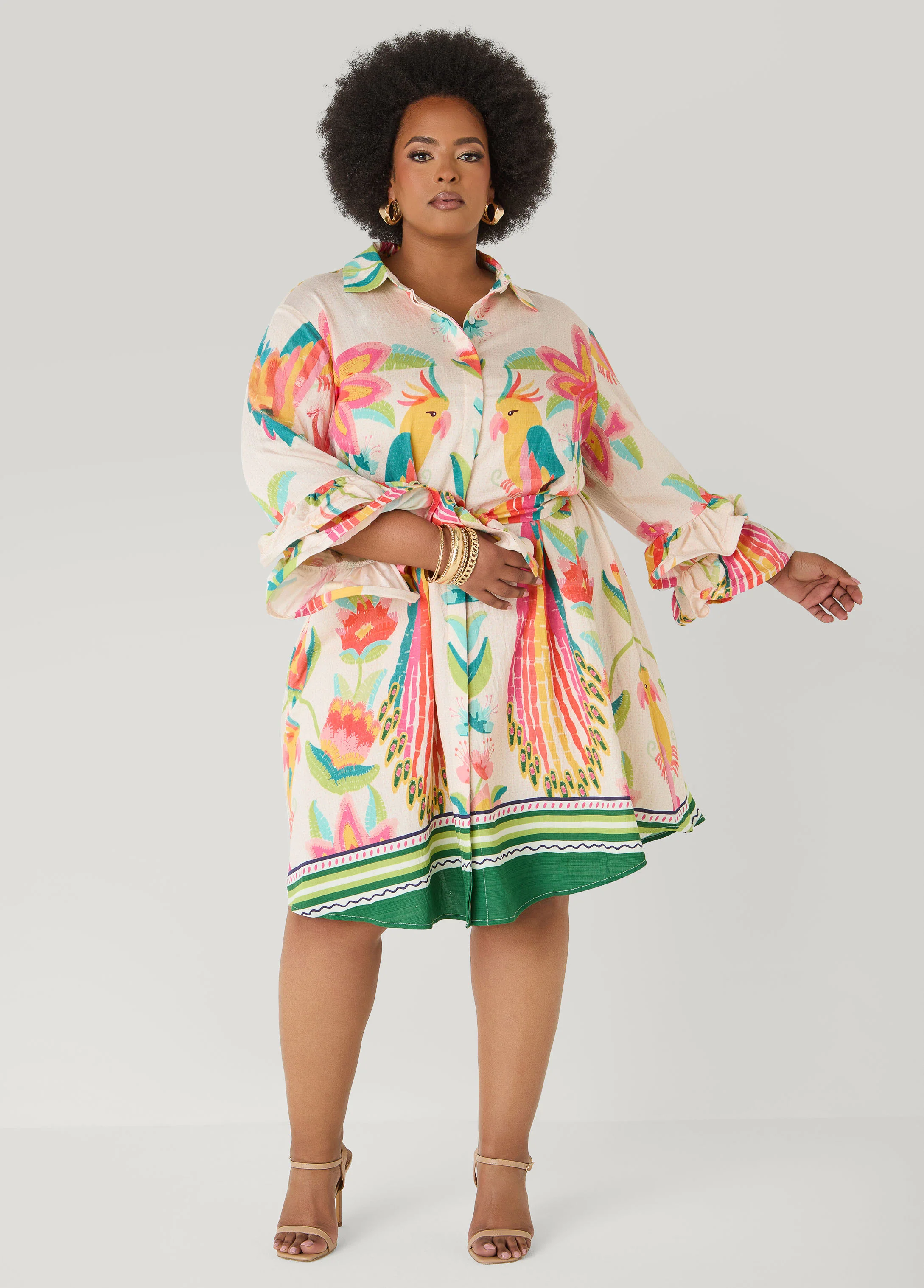 Ruffled Parrot Print Shirtdress - Image 5