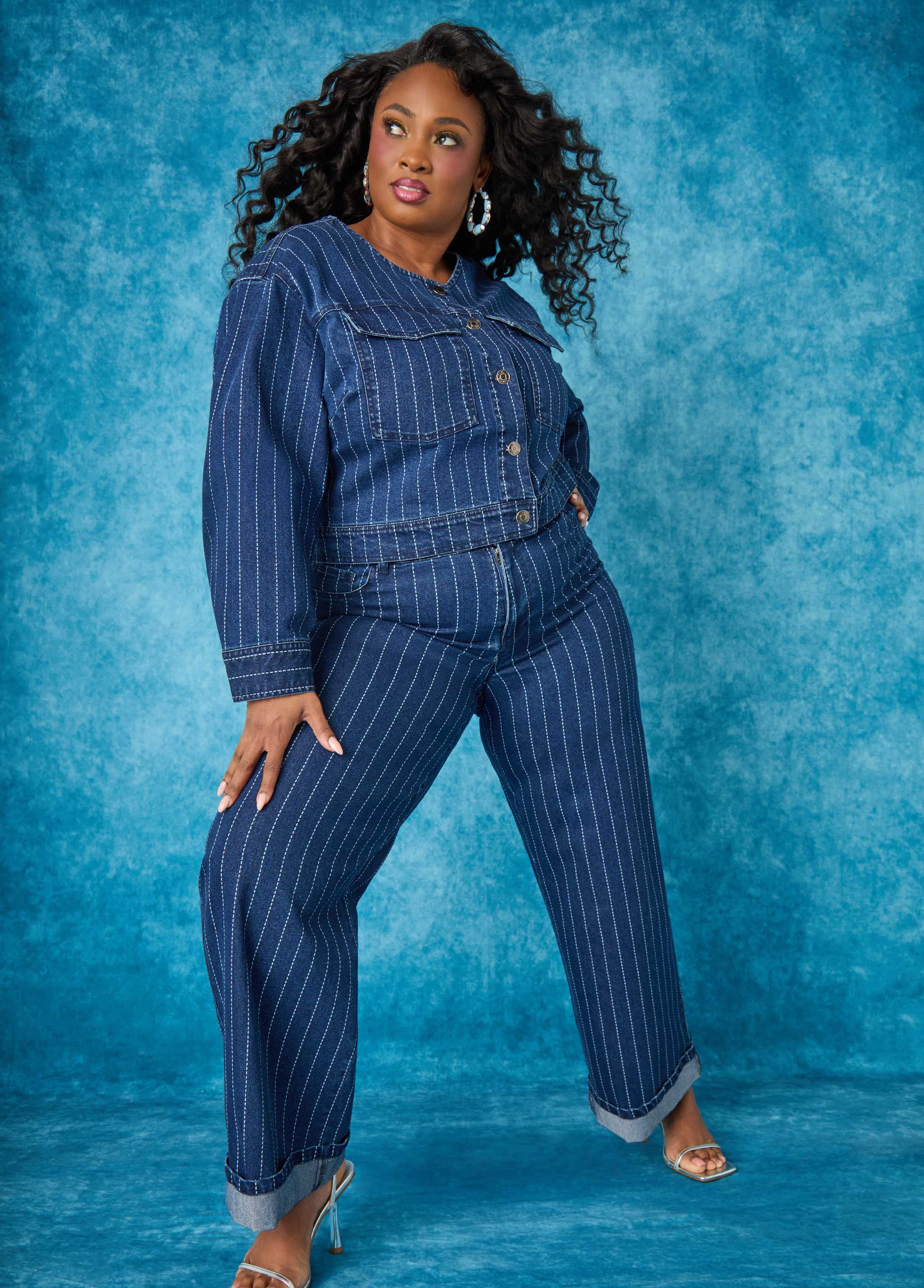 Cuffed Pinstriped Wide Leg Jeans - Image 2